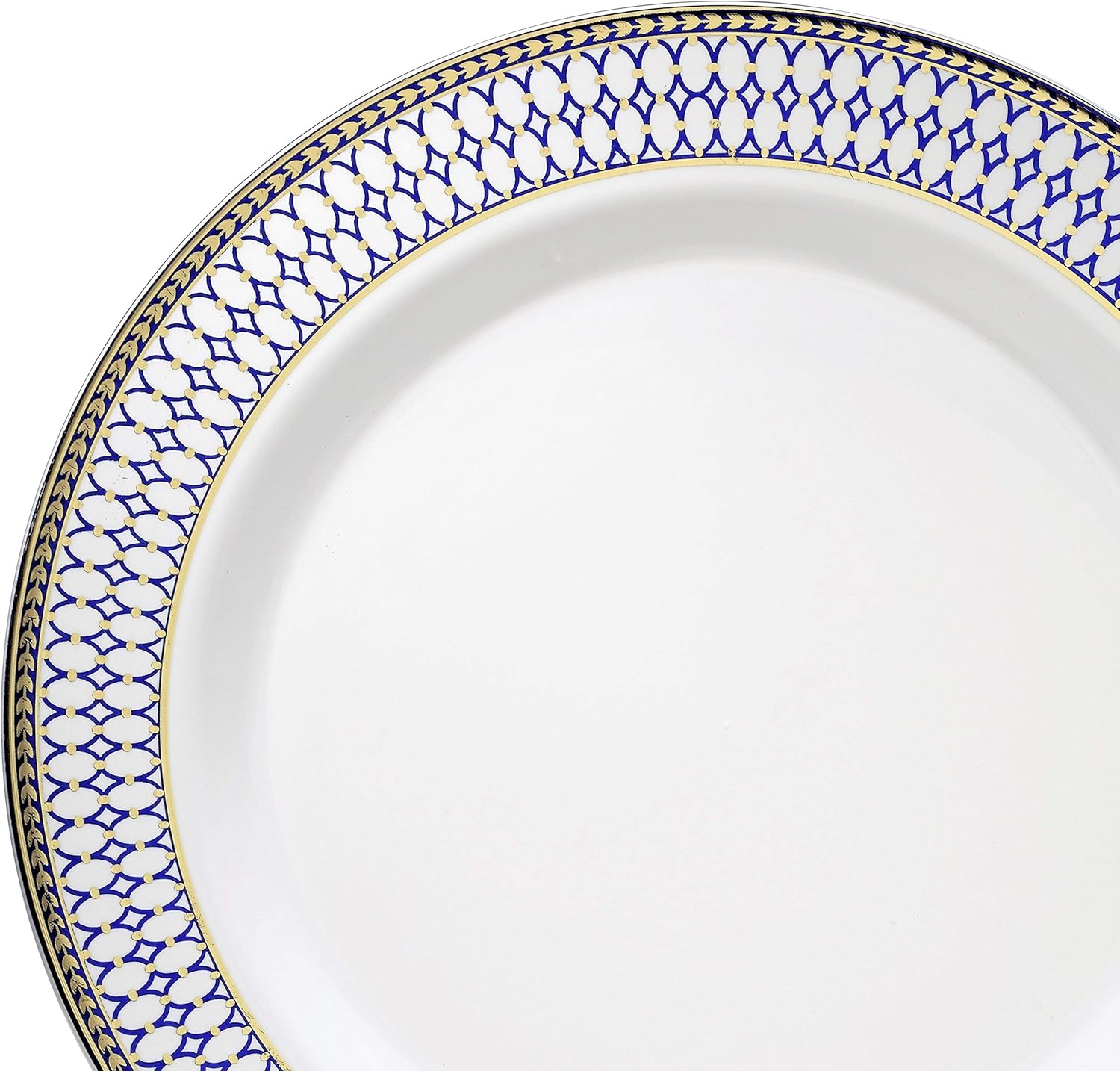 " OCCASIONS " 240 Plates Pack,(120 Guests) Heavyweight Premium Disposable Plastic Plates Set -120 x 10.5'' Dinner + 120 x 7.5'' Salad/Dessert (Odyssey in White/Blue and Gold Rim)