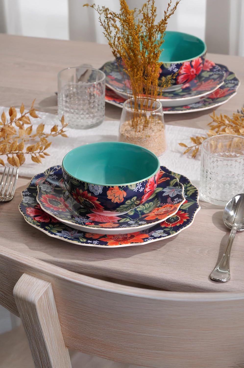 222 Fifth 12-Piece Porcelain Dinnerware Set for 4, White & Parisian Blue Plates and Bowls Set with Gold Rim, Glossy Ceramic Dish Set with Detailed Floral Design, Microwave & Dishwasher Safe, Chintz