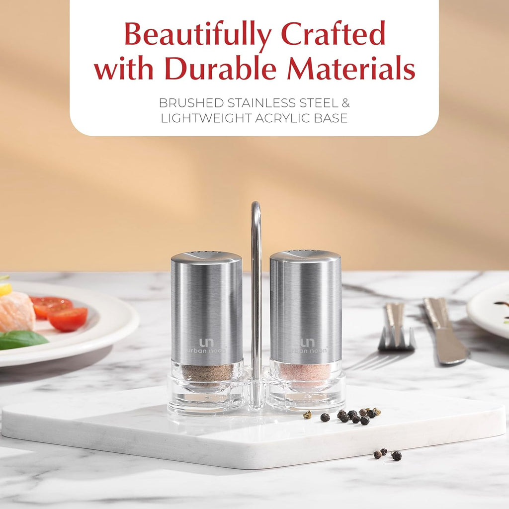 Salt and Pepper Shakers with Holder - Elegant Stainless Steel Salt Shaker and Pepper Shaker Set with Acrylic Holder for Kitchen Counter or Restaurant Table