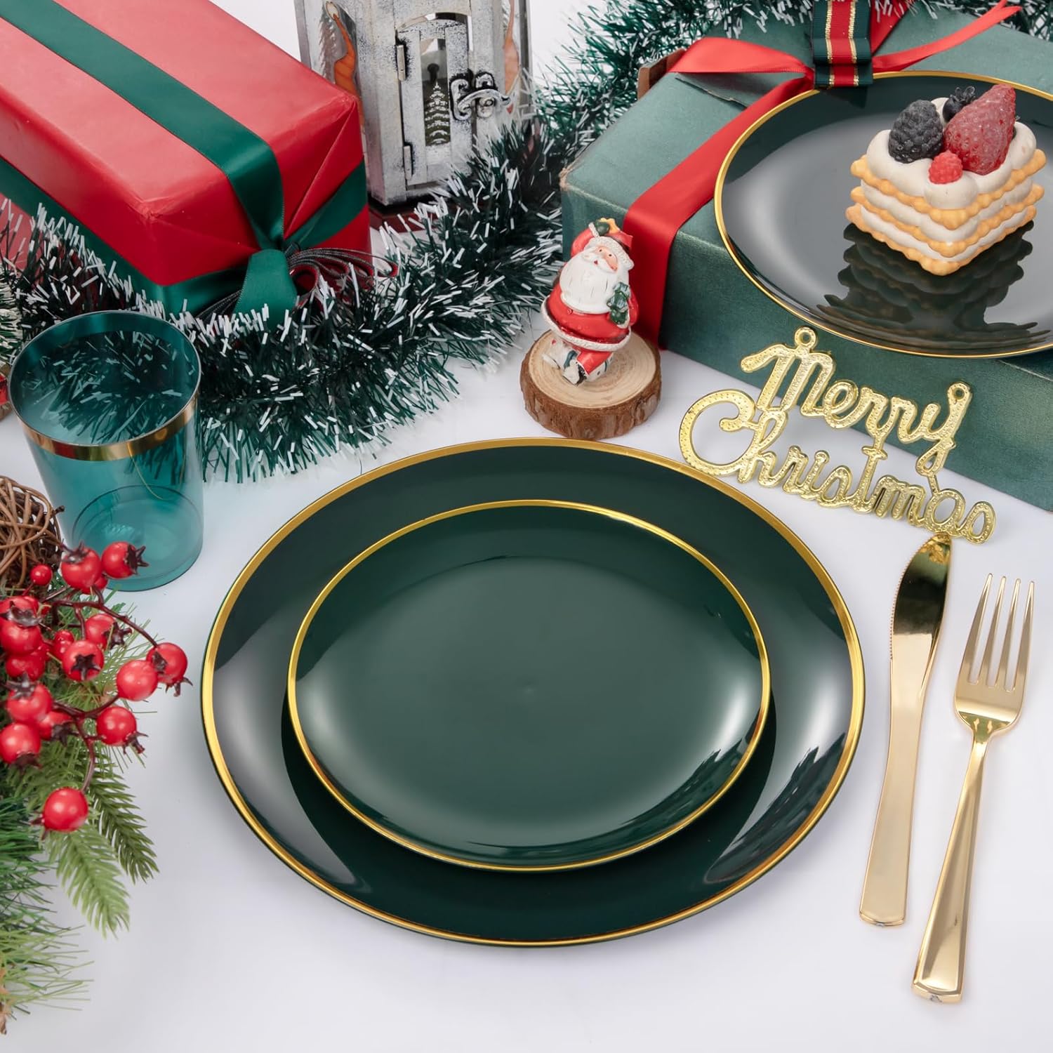 LIYH 180 Pcs Green and Gold Plastic Christmas Plates - Disposable Christmas Dinnerware sets, Green Dinner Dessert Plates, Gold Plastic Silverware Cups for Holiday, Party