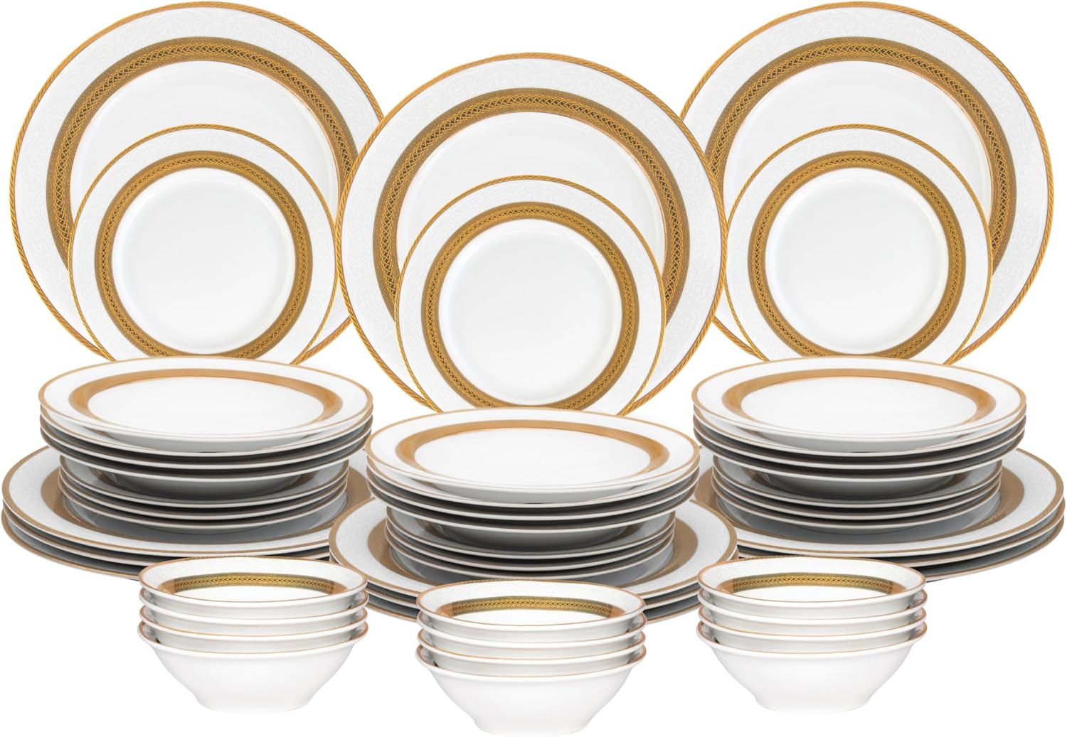 48 Piece Elegant Dinnerware Sets for 12 – Porcelain Plates, Bowls – White and Gold Rope Vintage Design Dishware for Kitchen Table, Formal Dining or Everyday Use (Rope Gold)