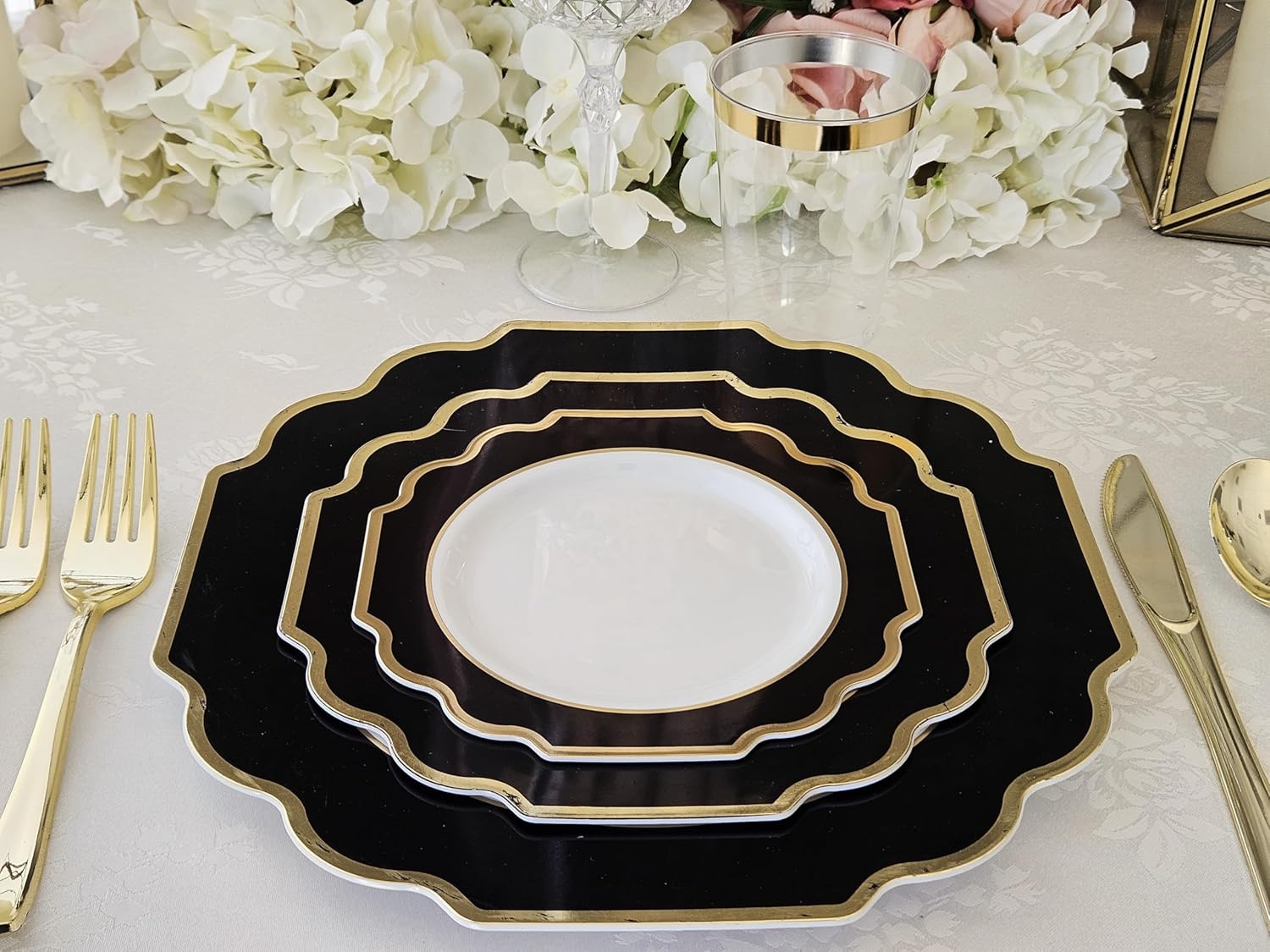 " OCCASIONS " 150 Piece set (25 Guests)-Wedding Plastic Plates & cutlery -Disposable heavyweight Dinnerware 10.5'', 8'' + Silverware w/double fork (Imperial in White/Black & Gold)