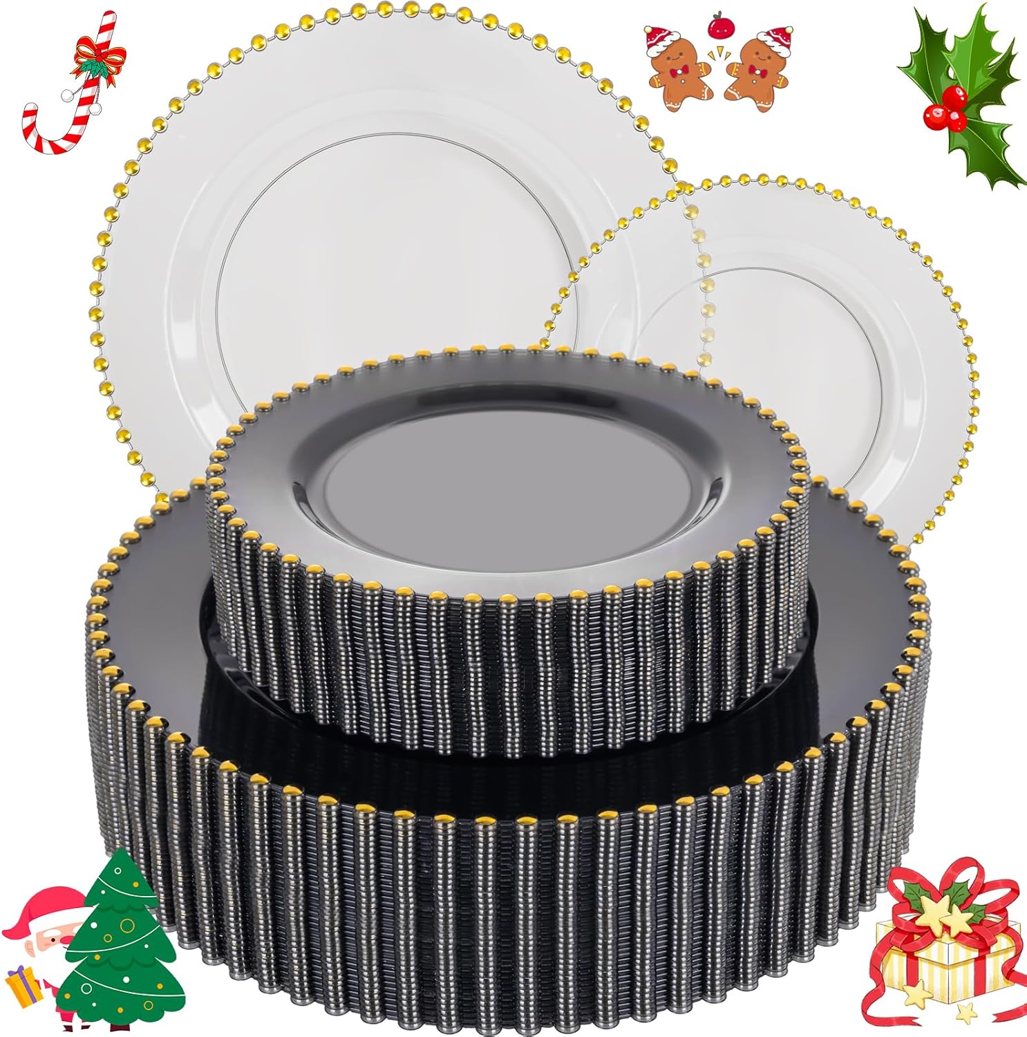 EI 60pcs Black and Gold Plastic Plates Clear with Black Disposable Plates Heavy Duty Gold Plastic Dinnerware Set For 30 Guests Perfect Wedding,Party,Birthday,Anniversary,Christmas,New Year