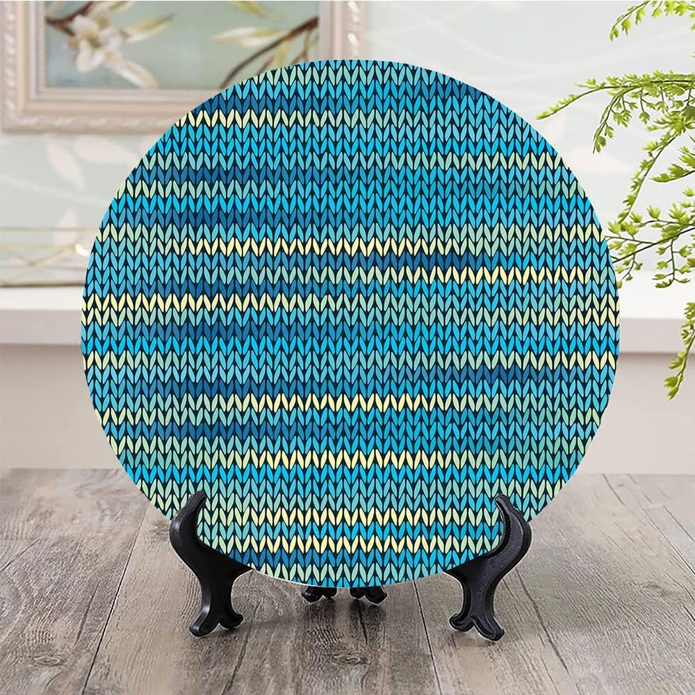 Decorative Plates, Yellow and Blue Print Ornament, Knitted Melange Inspired Graphic Clothing Texture, 7 Inch, 1 Plate with 1 Display Stand, Teal Navy Blue Light Yellow