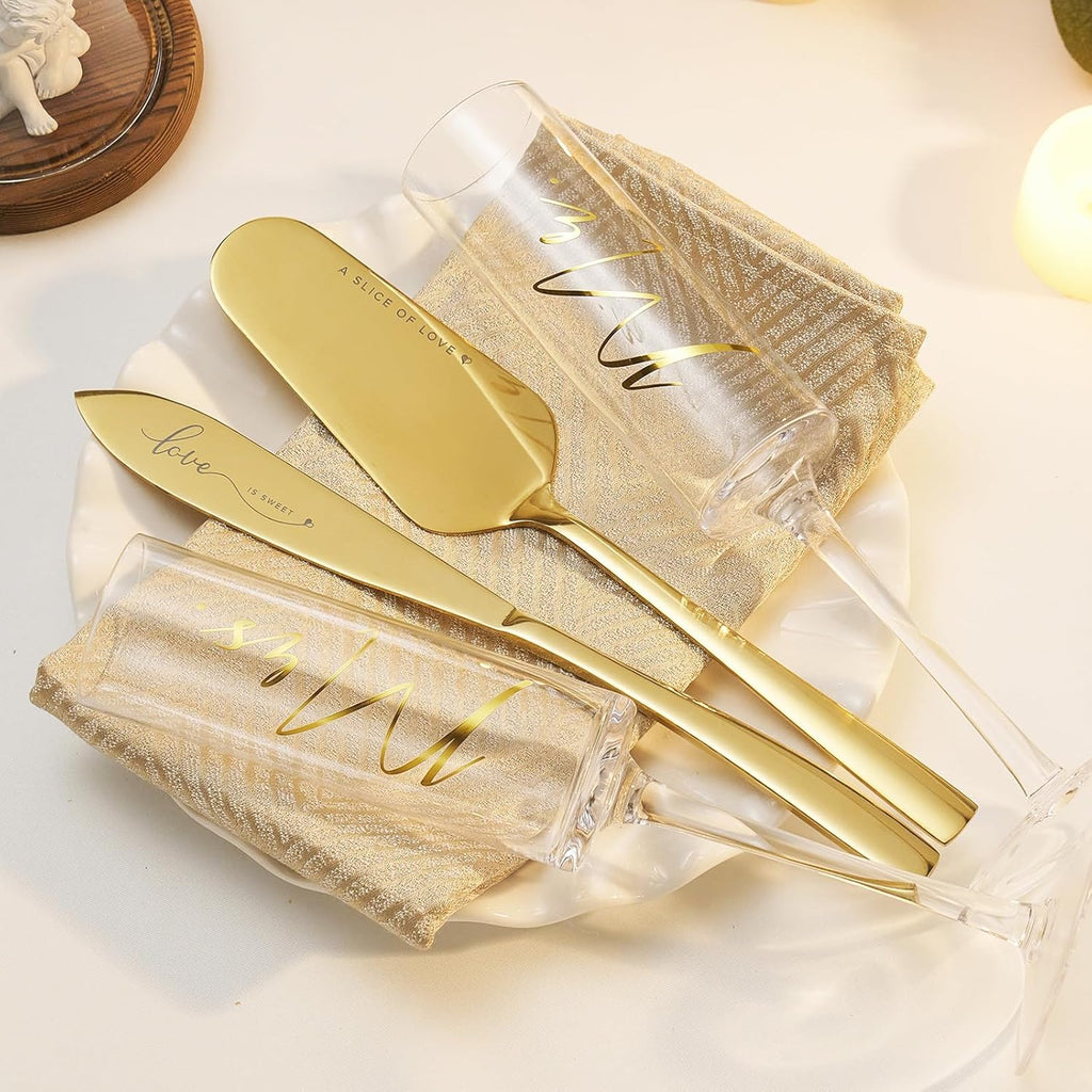 AW BRIDAL Engagement Bridal Shower Wedding Gifts for Newlywed Couples 2025, Anniversary Mr Mrs Champagne Flutes Toasting Glasses, Wedding Gold Cake Knife and Server Set with Gift Box for Bride Groom