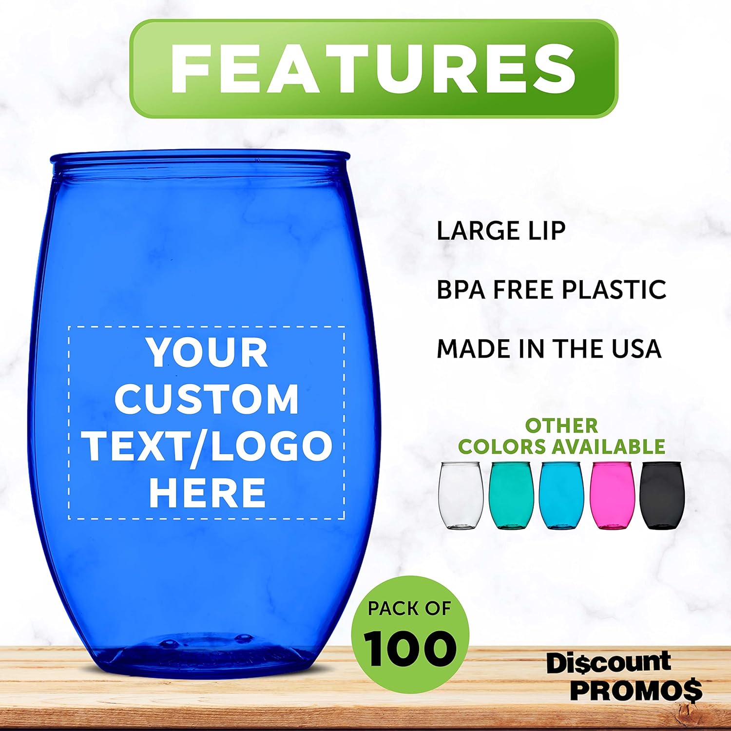 Custom Plastic Stemless Wine Glasses 16 oz. Set of 100, Personalized Bulk Pack - BPA Free, Great for Outdoor Lounges, Poolside, Parties and Other Events - Blue
