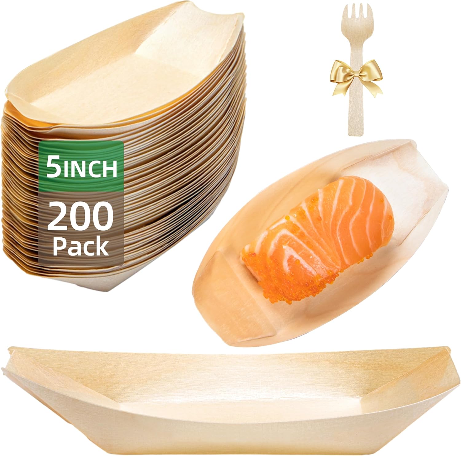 200-Pack Wooden Disposable Plates 5 IN Boat Plates Food Trays Disposable Dessert Plates Disposable Food Boats for Party Weddings Picnic (Actual Size Used: 2.95" D x 1.73" W x 0.59" H)