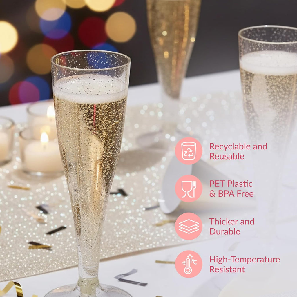 Prestee 24 Plastic Champagne Flutes - Gold Champagne Flutes Plastic - Gold Disposable Mimosa Flute - Party Supplies - Disposable Cocktail Glasses - Mimosa Bar, Wedding, Shower Party