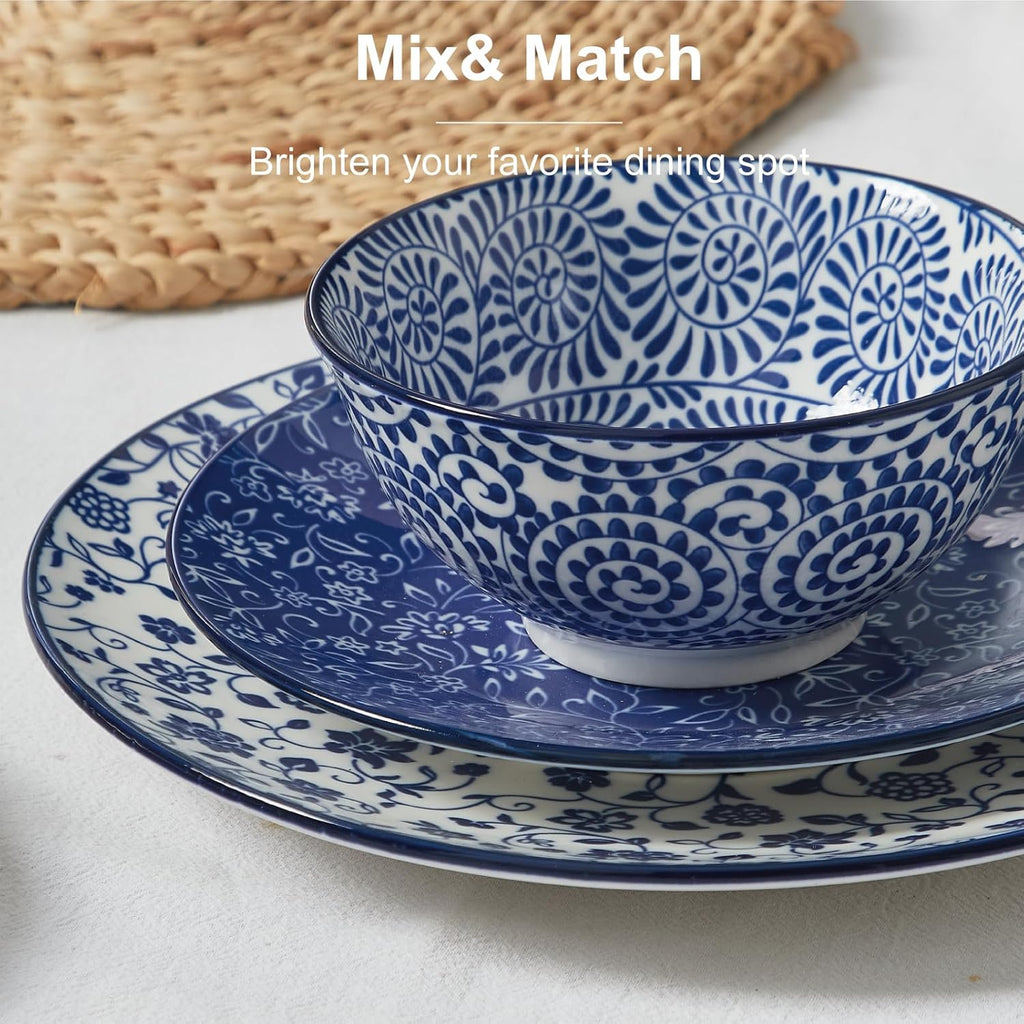 ONEMORE Ceramic Dinnerware Sets, 12 Piece Stoneware Plates and Bowls, Dish Sets for 4 - Scratch Resistant, Dishwasher & Microwave Safe, Vintage Blue