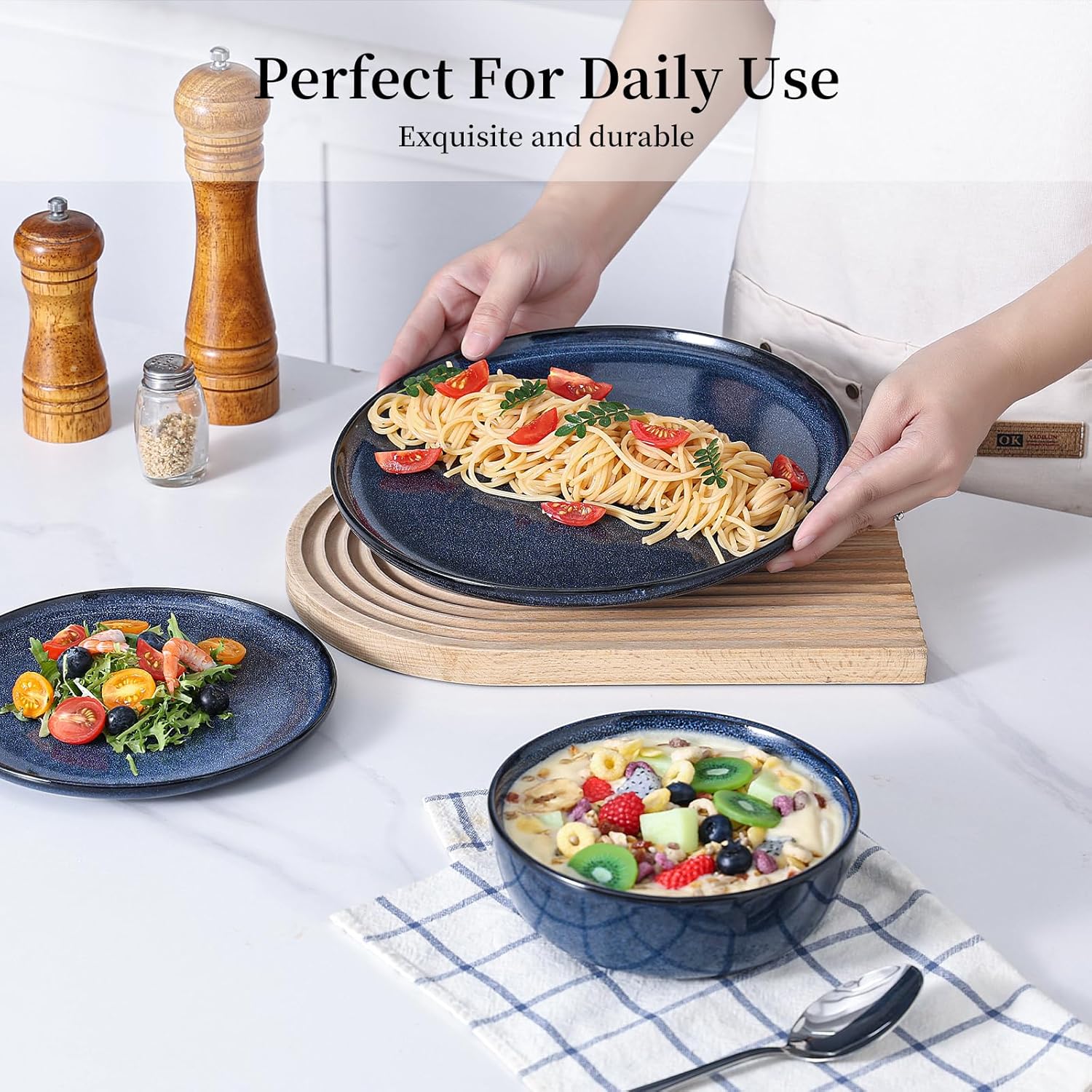 Ceramic Plates and Bowls Sets: 12 Piece Porcelain Dinnerware Sets, Stoneware Kitchen Dishes Set for 4, Scratch Resistant Plate Set, Microwave Dishwasher Oven Safe, Reactive Glaze (Blue)