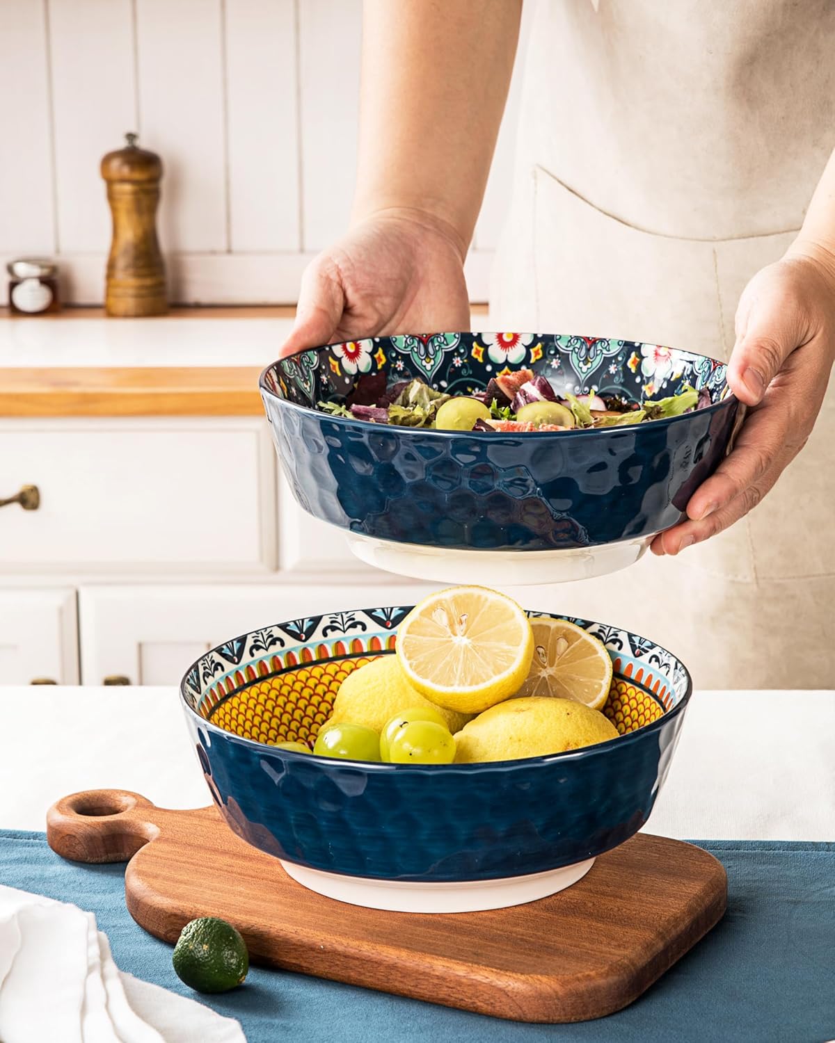 HENXFEN LEAD Large Salad Bowl Sets for Serving Soup, Ramen, Pasta, Fruit, Snacks - 48 Oz Big Ceramic Bowls for Family, Kitchen Cooking, Dinner Party - Set of 2