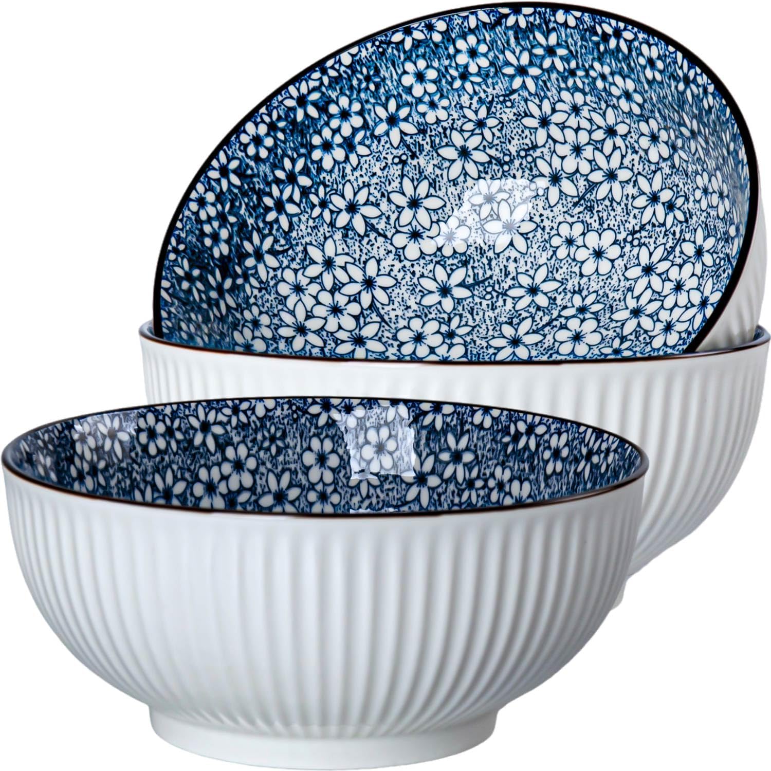 60 oz Large Soup Bowl, Pho Bowls, 8 Inch Blue and White Porcelain Japanese Ramen Bowls Set of 3 - Floral Pattern