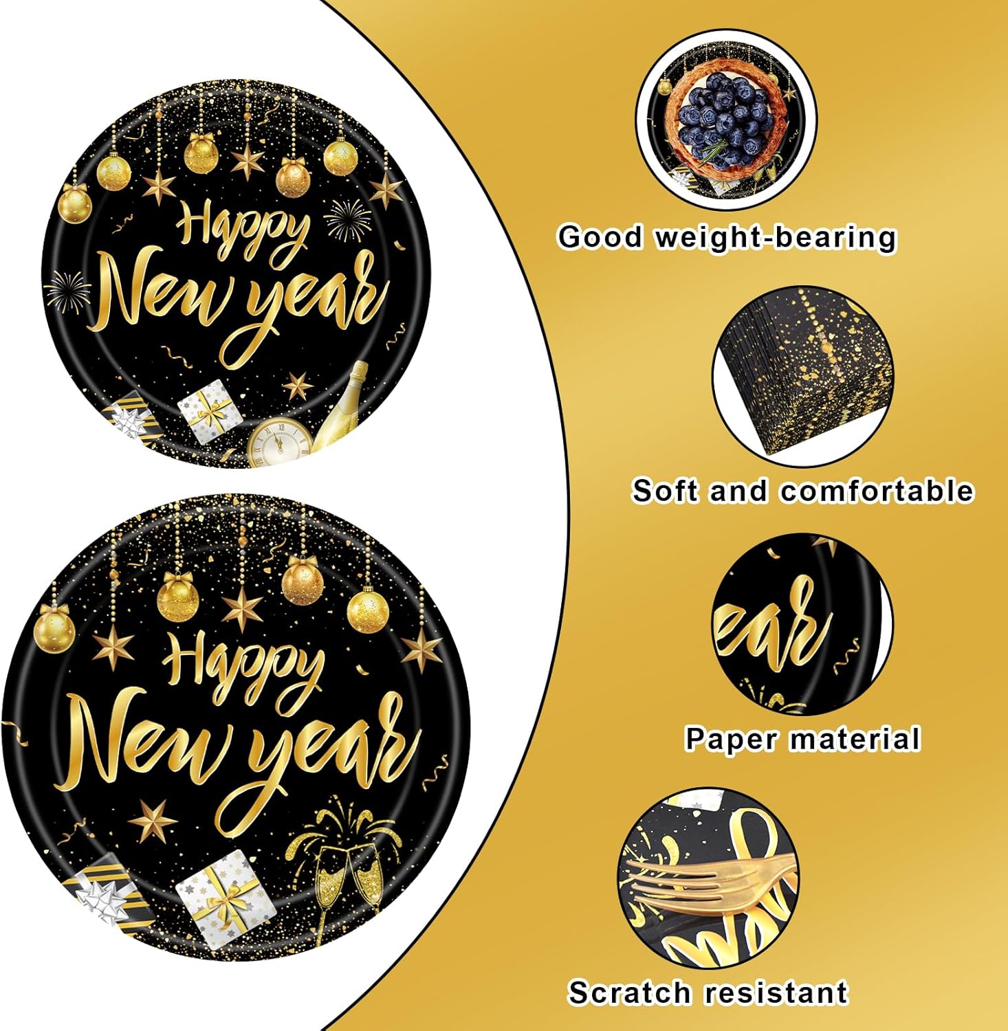 96 Pieces Happy New Year Tableware Set – Black and Gold Disposable Plates, Cups, Napkins, and Forks with Fireworks and Champagne Designs for New Year’s Eve Parties – Serves 24 Guests