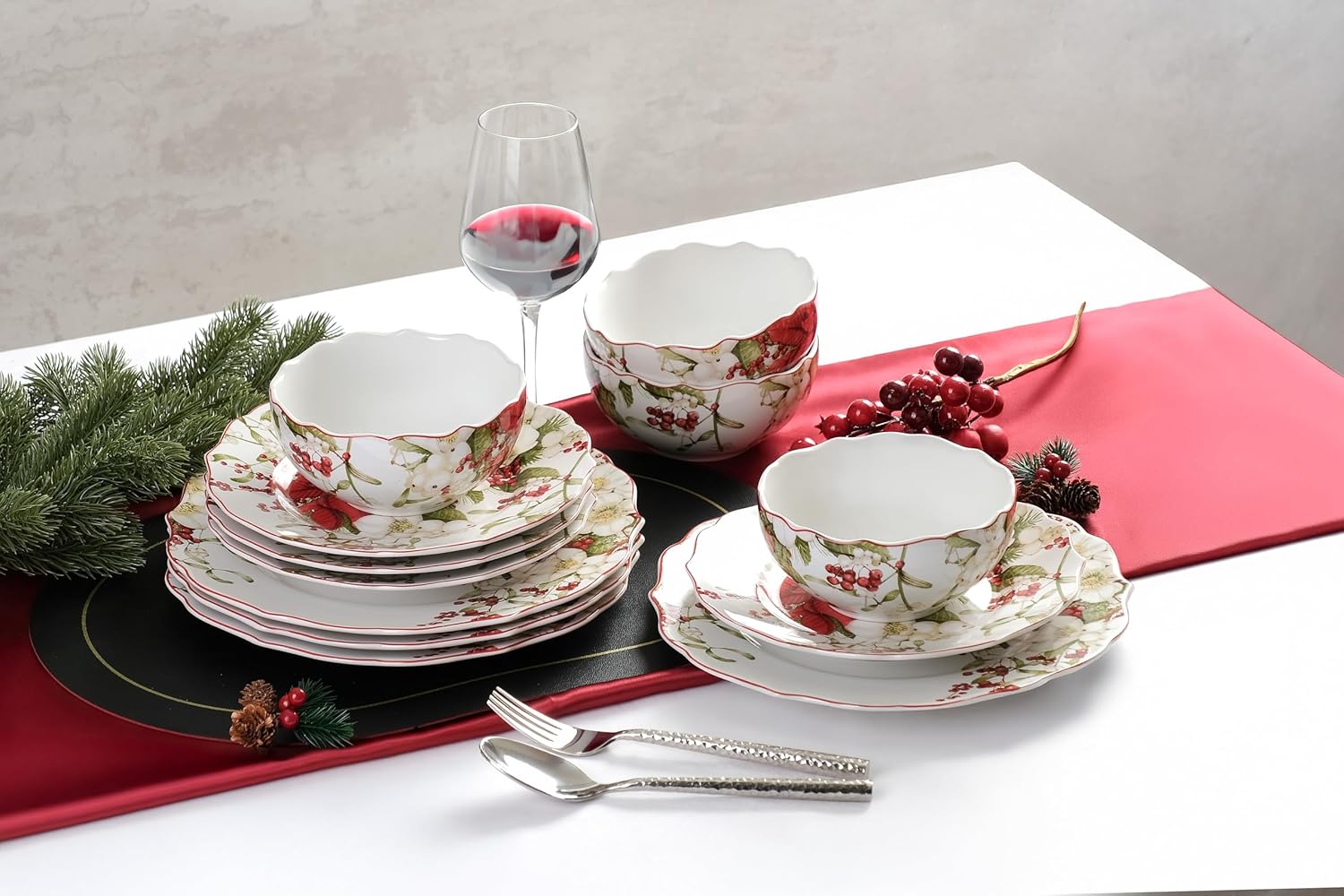 222 Fifth Winter Harmony 12-Piece Porcelain Dinnerware Set for 4- Elegant White Plates and Bowls Set with Red Flower, Ceramic Dish Set for Holiday Dining & Christmas Gift, Beautiful Dishes for Parties