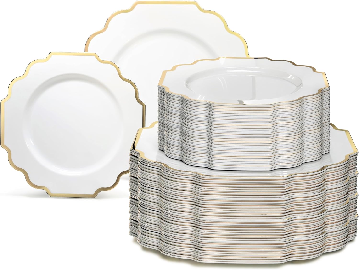 " OCCASIONS " 120 Plates Pack,(60 Guests) Heavyweight Wedding Party Disposable Plastic Plates Set -60 x 10.5'' Dinner + 60 x 8'' Salad/Dessert Plate (Imperial White & Gold)