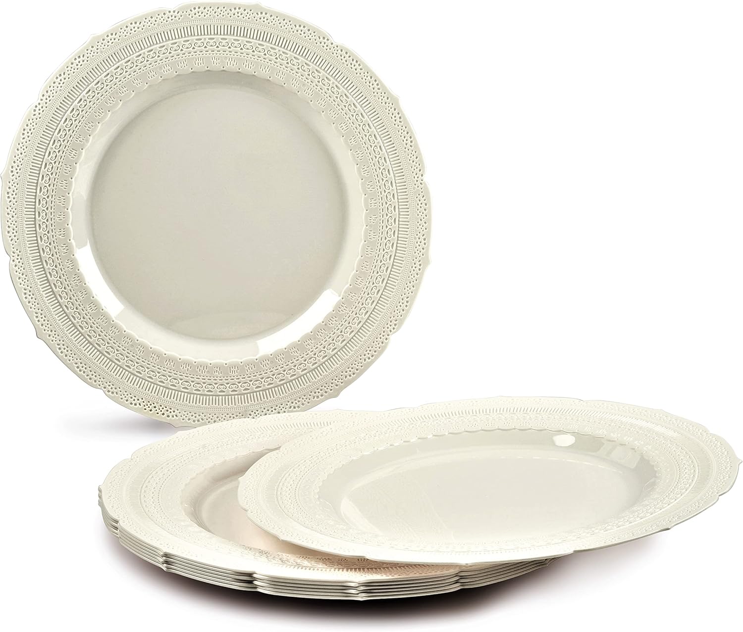 " OCCASIONS " 120 Plates Pack,(60 Guests) Extra Heavyweight Vintage Wedding Disposable/Reusable Plastic Plates 60 x 11'' Dinner + 60 x 8.25'' Salad/Dessert Plate (Chateau Ivory)