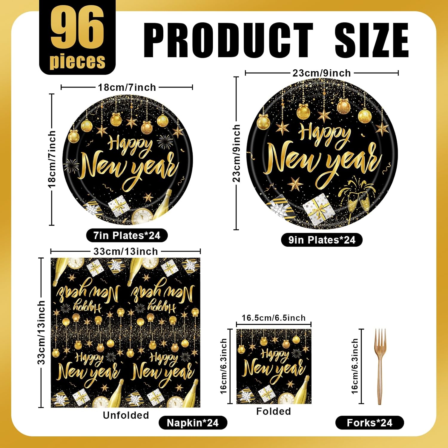 96 Pieces Happy New Year Tableware Set – Black and Gold Disposable Plates, Cups, Napkins, and Forks with Fireworks and Champagne Designs for New Year’s Eve Parties – Serves 24 Guests