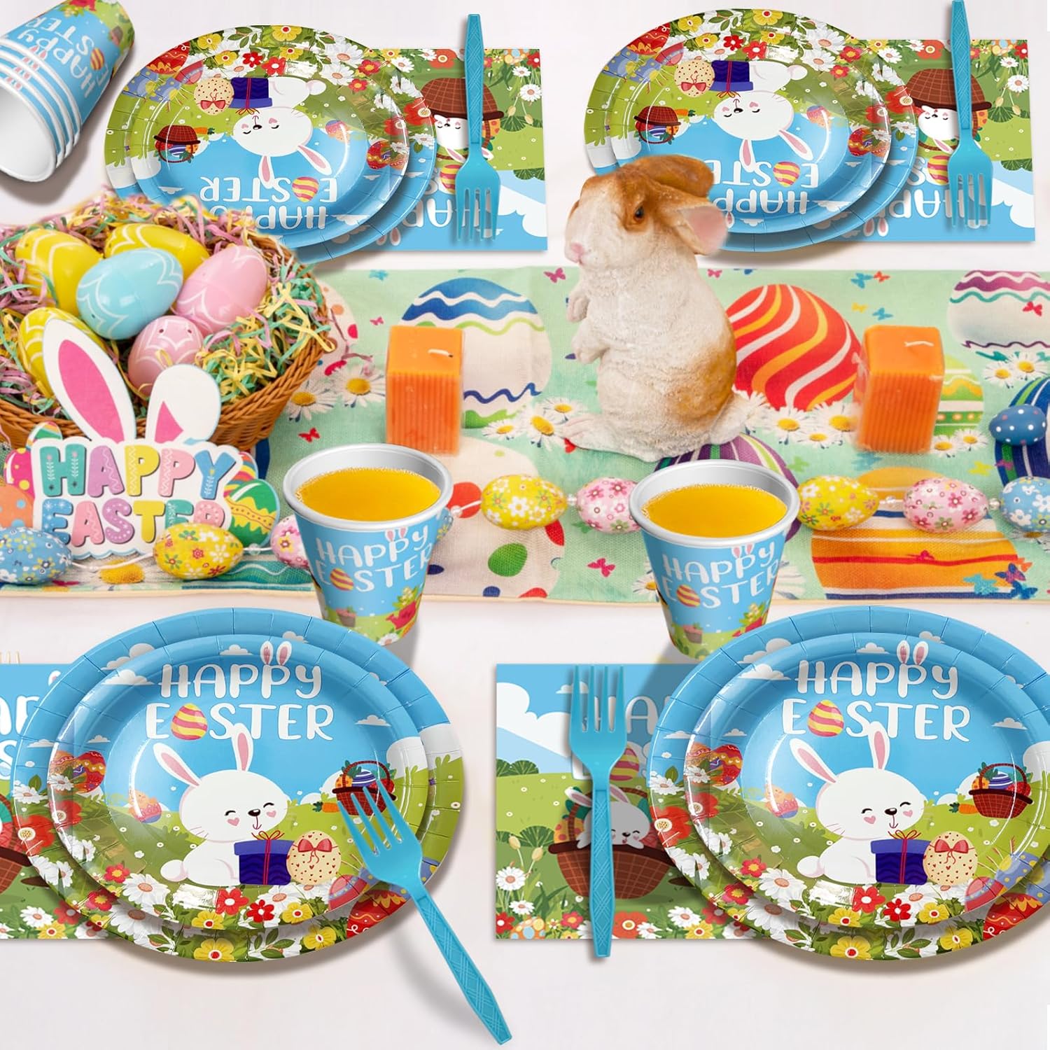 120pcs Easter Plates and Napkins Tableware Set, Happy Easter Disposable Plates Napkins Forks and Cups for Bunny Party Decorations and Supplies, Serve 24