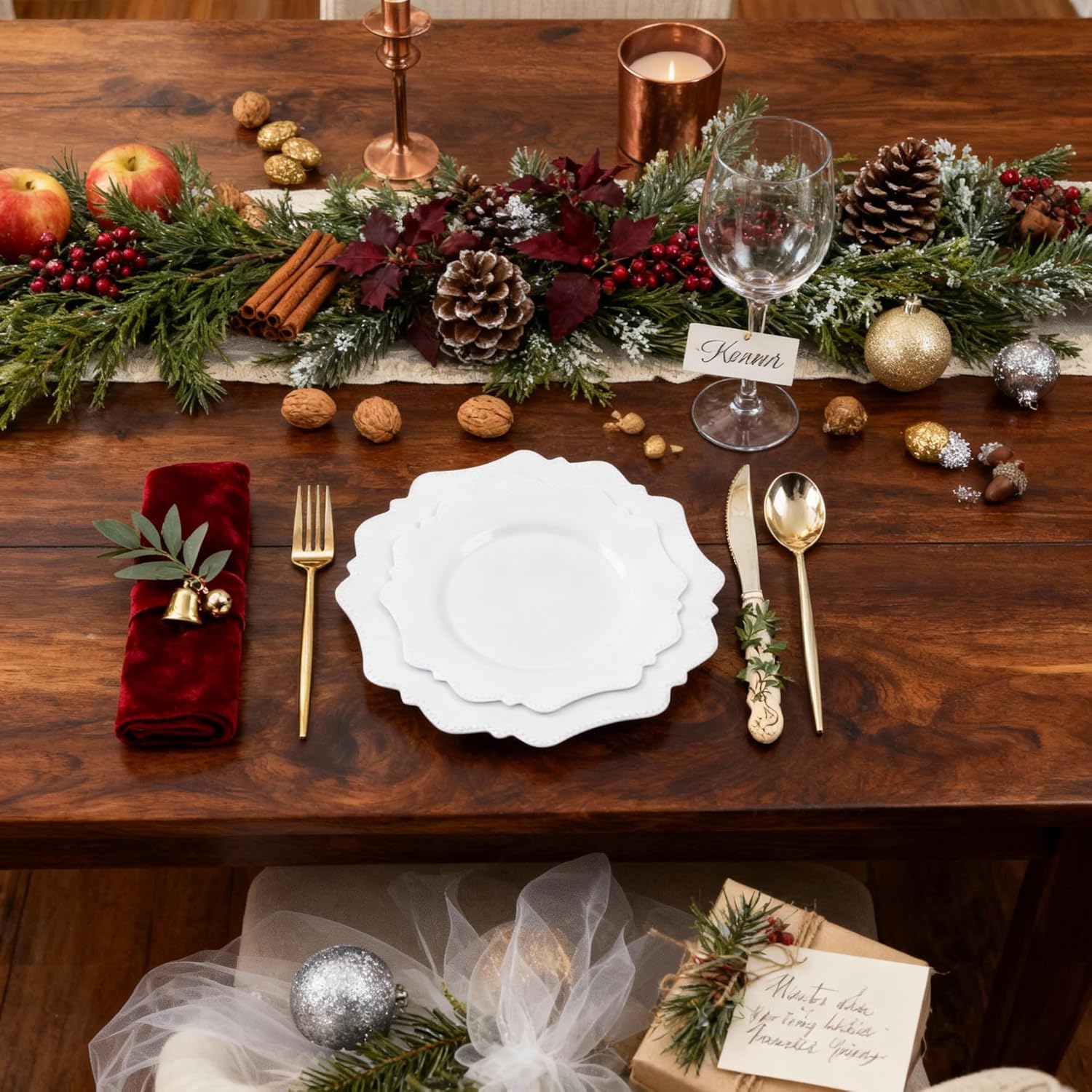 COLOSUS 100 pcs White Plastic Plates Set,Fancy Beaded Plates-European Retro plates include 50 dinner plates and 50 dessert plates,Plastic Disposable plates for Halloween,Thanksgiving,BBQ and Party