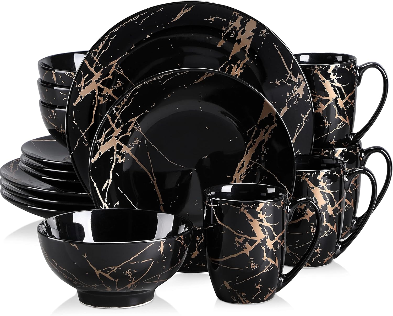 LOVECASA Black Plates and Bowls Sets for 4, Porcelain Dinnerware Sets 16 Piece Gold Splash Glaze Ceramic Dish Set, Round Dinner Set with Mugs, Dishwasher Microwave Safe