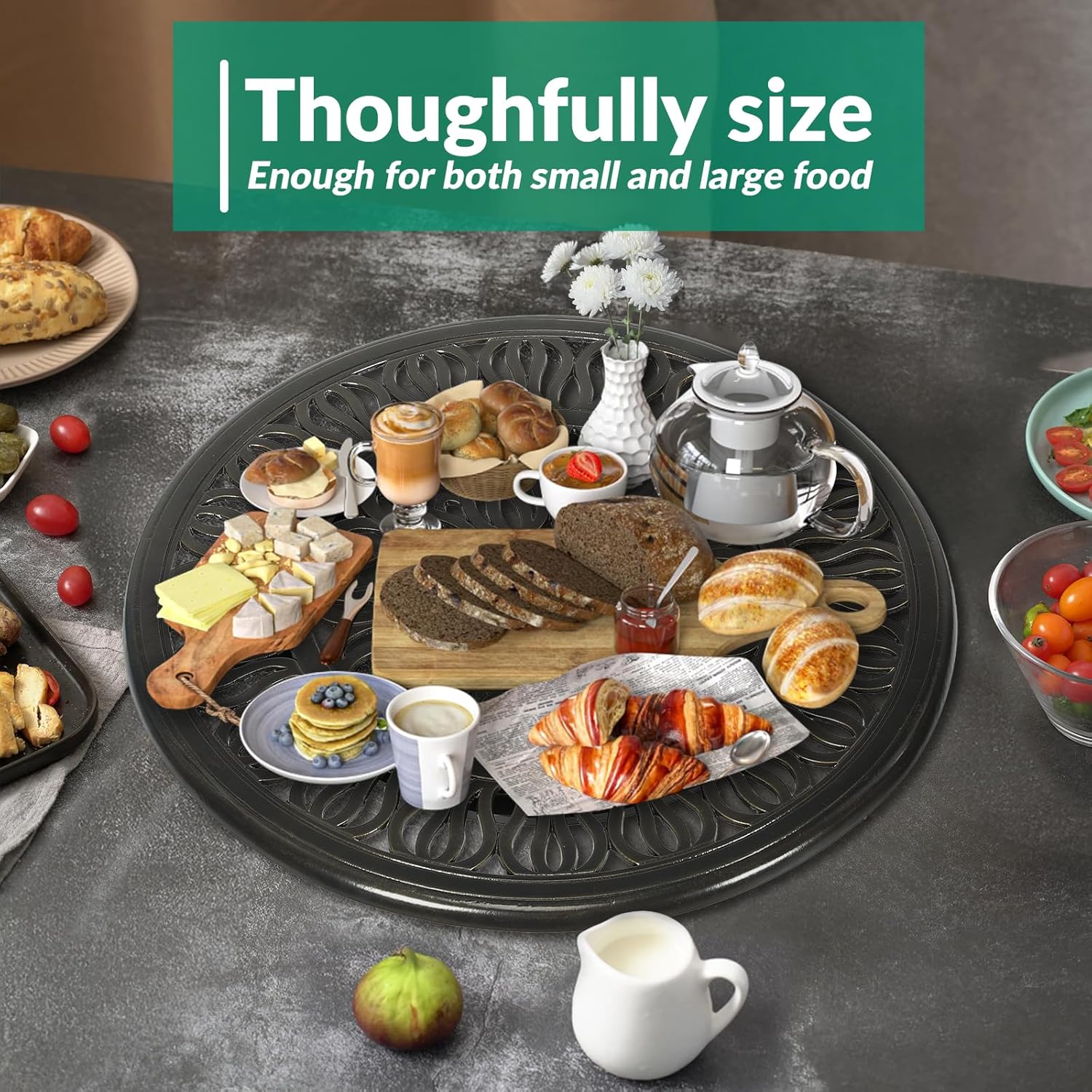 VIVIJASON 24" Cast Aluminum Lazy Susan Turntable, 360° Rotating Display Tray with Silent Bearings, Round Table Top Swivel Serving Plate with Umbrella Hole for Outdoor Dining Table, Elizabeth Style