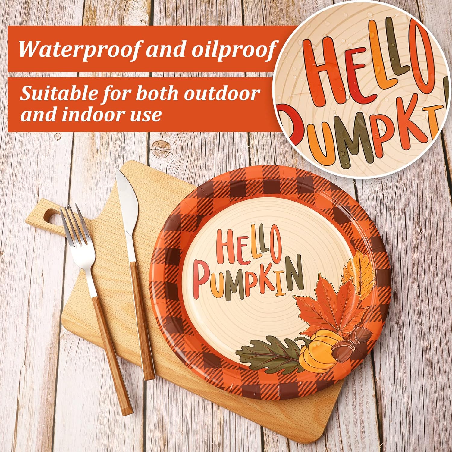 Whaline 24Pcs Thanksgiving Fall Paper Plates 9 Inch Hello Pumpkin Disposable Plates Black Orange Plaid Fall Harvest Paper Plates for Thanksgiving Party Holiday Dinner Tableware Supplies