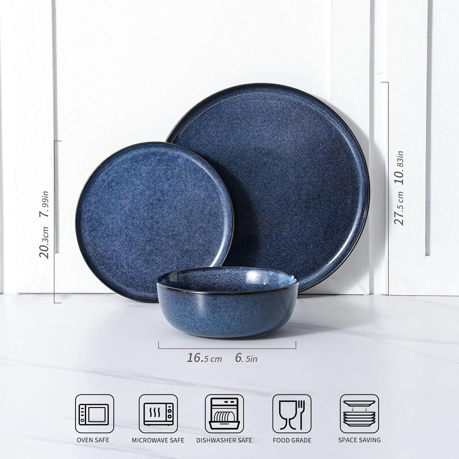 Ceramic Plates and Bowls Sets: 12 Piece Porcelain Dinnerware Sets, Stoneware Kitchen Dishes Set for 4, Scratch Resistant Plate Set, Microwave Dishwasher Oven Safe, Reactive Glaze (Blue)