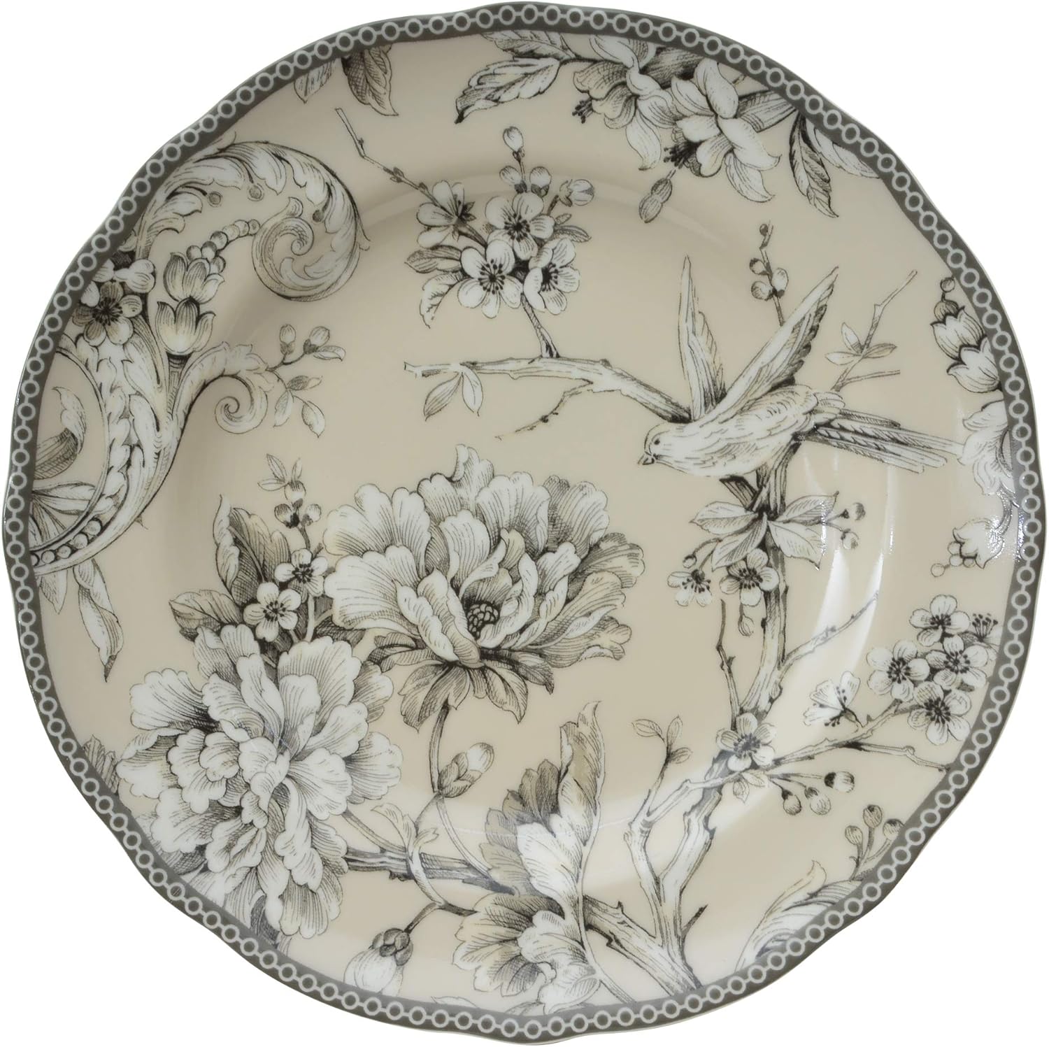 222 Fifth Adelaide 16-Piece Traditional Antique White Porcelain Dinnerware Set – Service for 4, Romantic Bird & Floral Design, for Everyday Dining & Entertainment, Microwave & Dishwasher Safe