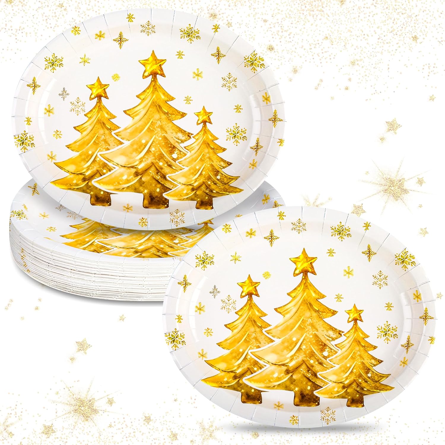 48 Pcs Christmas Oval Paper Plates 11" Large Disposable Heavy Duty Gold Christmas Tree Dessert Plates Xmas Dinnerware Serving Tray for Winter Holiday Party Tableware Supplies