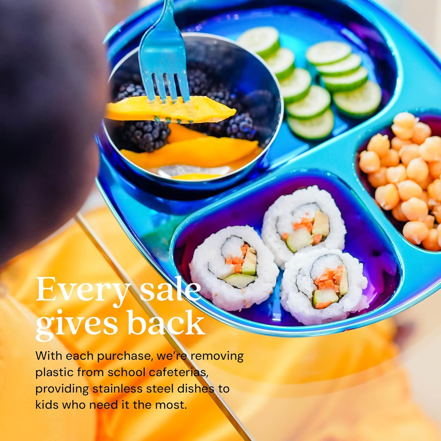 Ahimsa Stainless Steel Kids Dinnerware Set, Pediatrician Designed, 5 Piece Toddler Plates and Bowls Set, Stainless Steel Divided Plate, Cup and Kids Utensils, Blue