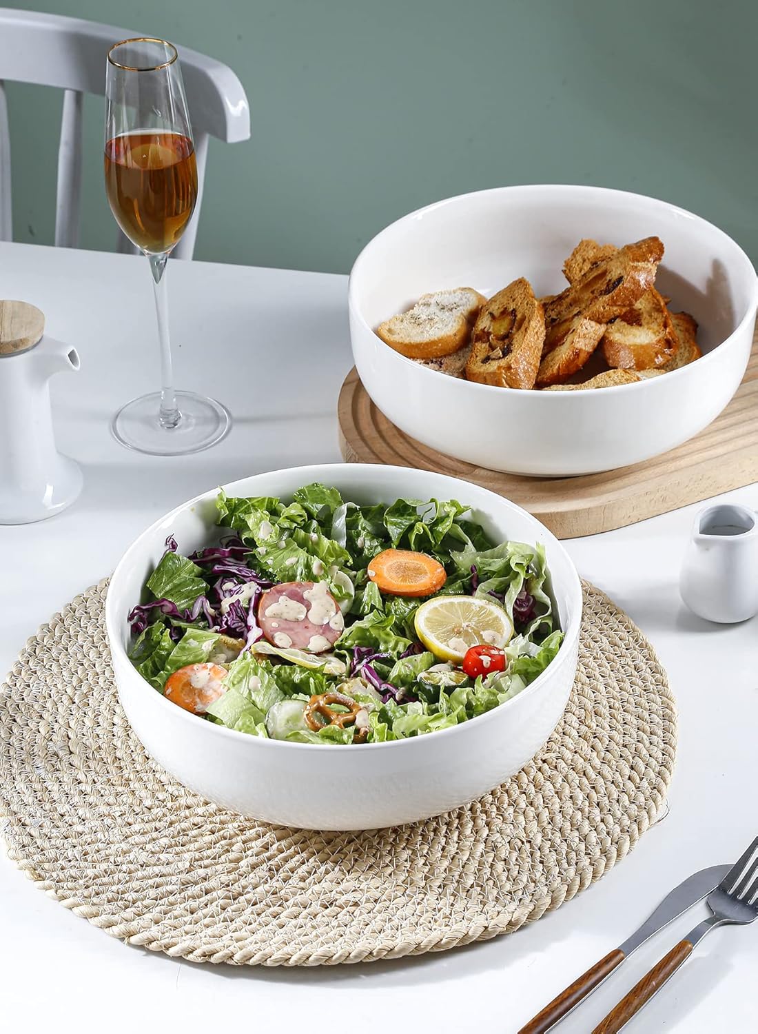 Onniyor Porcelain Big Salad Bowls, 110 ounce (10") Large Serving Bowls, Sturdy Pasta Bowl Set, Mixing Bowls for Kitchen, Dishwasher & Microwave Safe Serving Plates, Set of 2, White