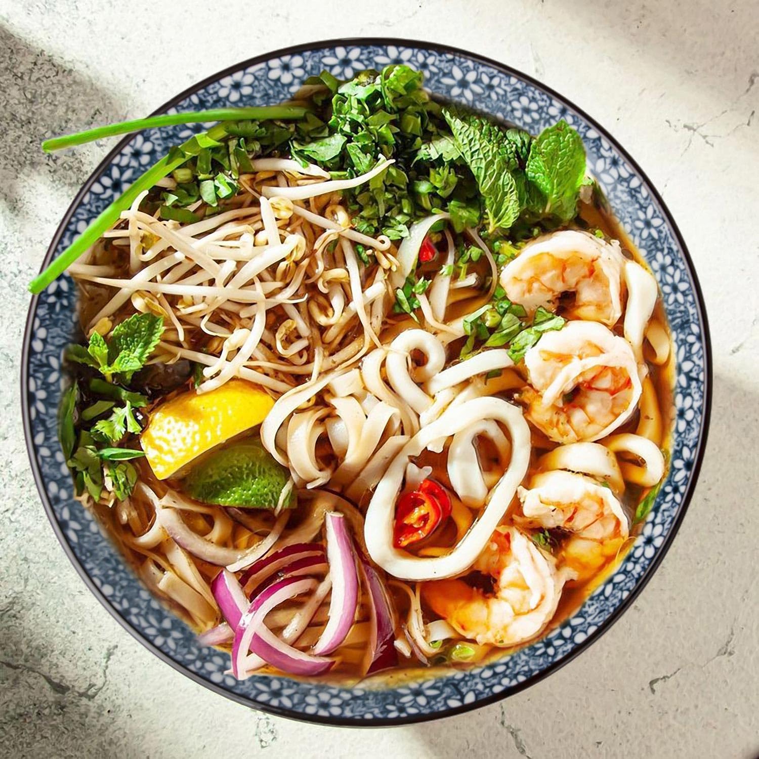 60 oz Large Soup Bowl, Pho Bowls, 8 Inch Blue and White Porcelain Japanese Ramen Bowls Set of 3 - Floral Pattern