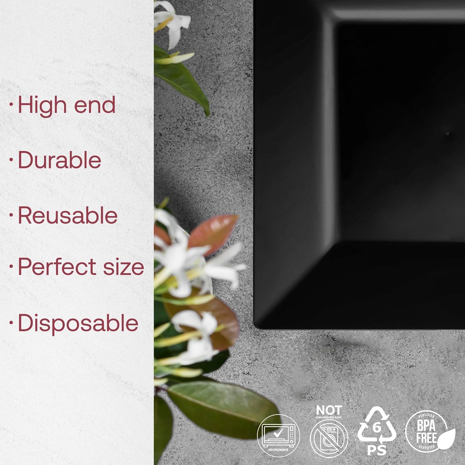 Smarty Had A Party 120 Elegant Disposable Plastic Dessert Plates, 6.5" Heavy Duty Fancy Square Black Salad Plates for Appetizers, Cakes, and Events, Bulk Party Supplies