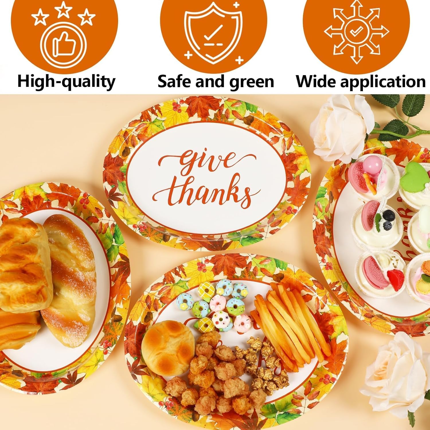 Qyeahkj 50PCS Thanksgiving Oval Paper Plates Large 11”Heavy Duty Disposable Plates Fall Party Decorations Give Thanks Serving Platter Supplies Favor Autumn Maple Leaf Party Tableware Set