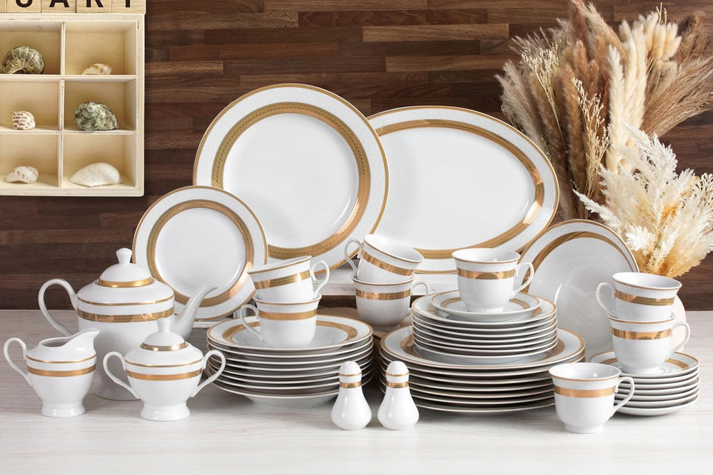 Porcelain Dinnerware Set for 8 - Gorgeous 49 Piece Dish Set - White and Gold Rope Design Porcelain Service for 8 - Chip Resistant Dining Set - For Everyday Use or Formal Occasions (Rope Gold 2049)