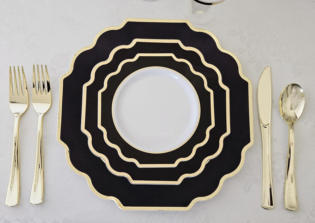 " OCCASIONS " 120 Plates Pack,(60 Guests) Heavyweight Premium Wedding Party Disposable Plastic Plates Set -60 x 10.5'' Dinner + 60 x 8'' Salad/Dessert (Imperial in Black & Gold)