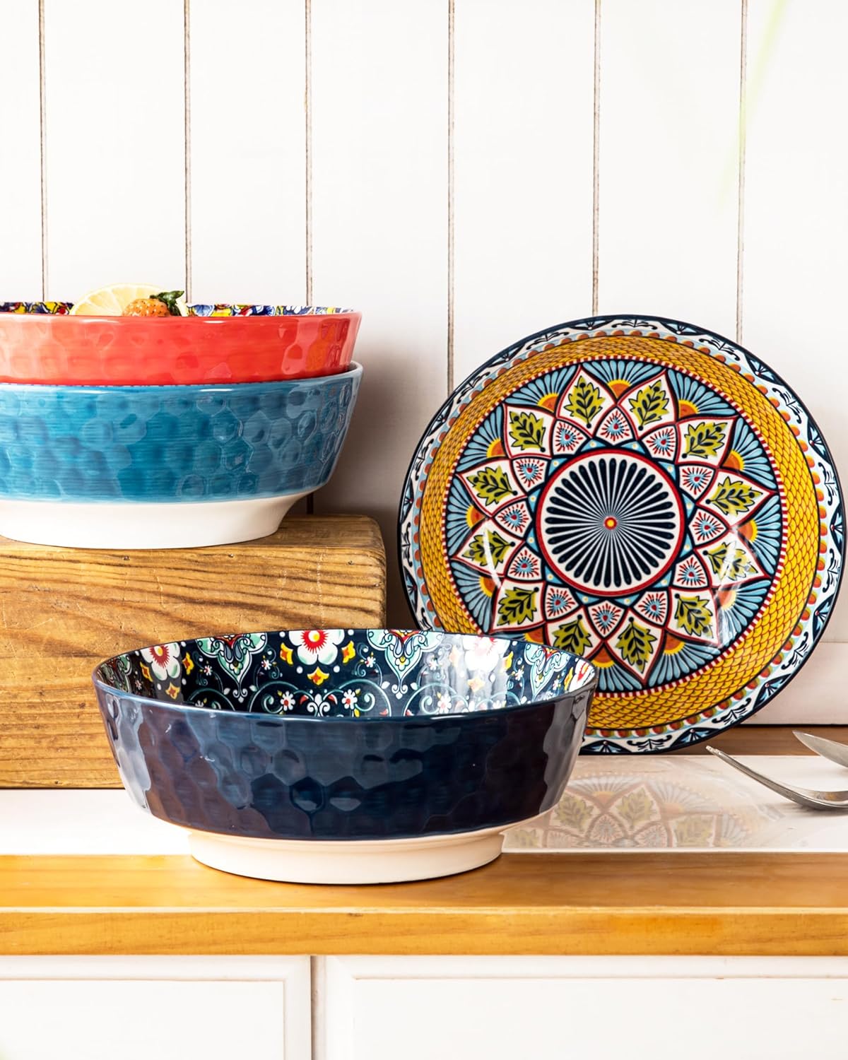 HENXFEN LEAD Large Salad Bowl Sets for Serving Soup, Ramen, Pasta, Fruit, Snacks - 48 Oz Big Ceramic Bowls for Family, Kitchen Cooking, Dinner Party - Set of 2