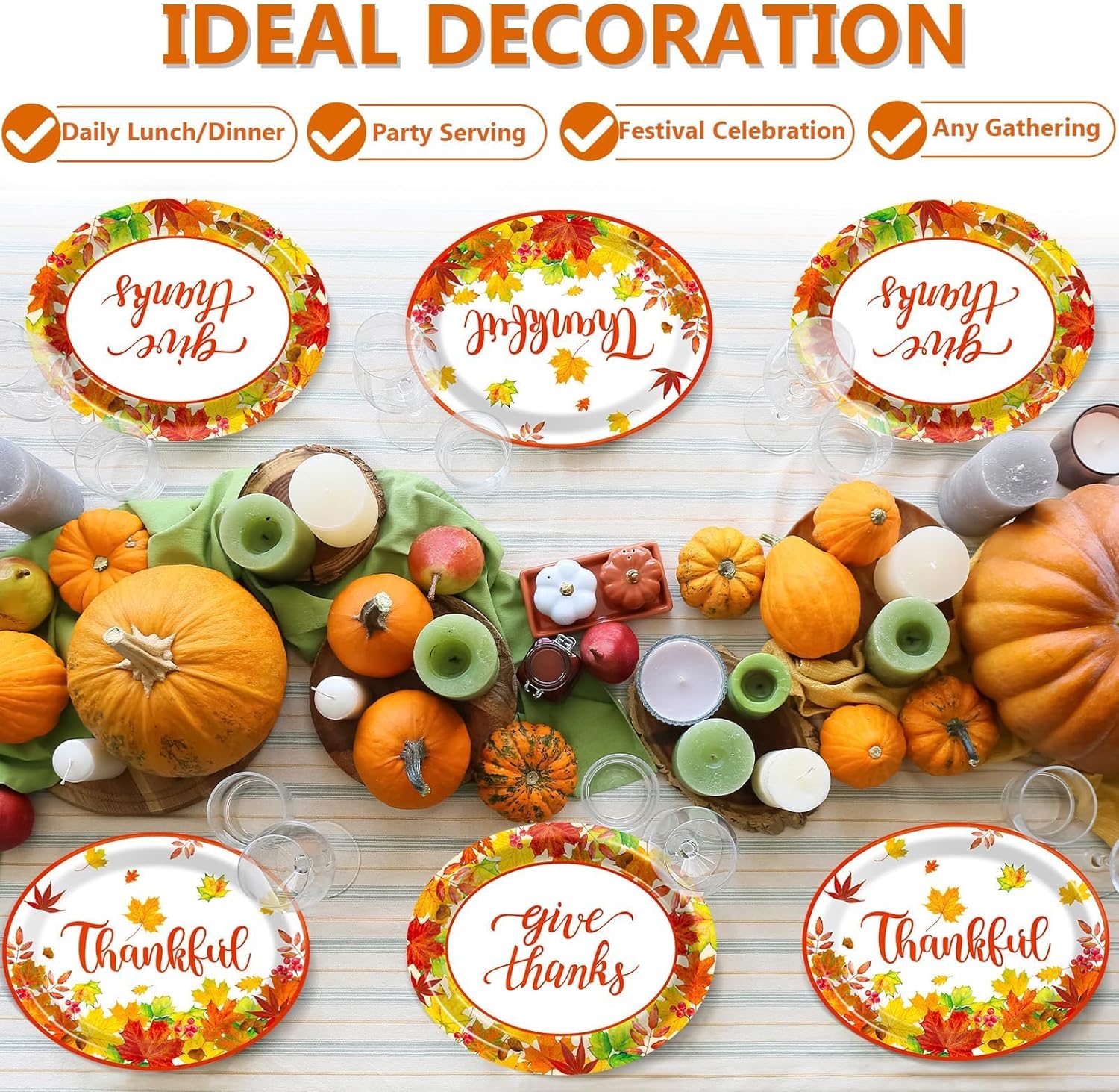 Qyeahkj 50PCS Thanksgiving Oval Paper Plates Large 11”Heavy Duty Disposable Plates Fall Party Decorations Give Thanks Serving Platter Supplies Favor Autumn Maple Leaf Party Tableware Set