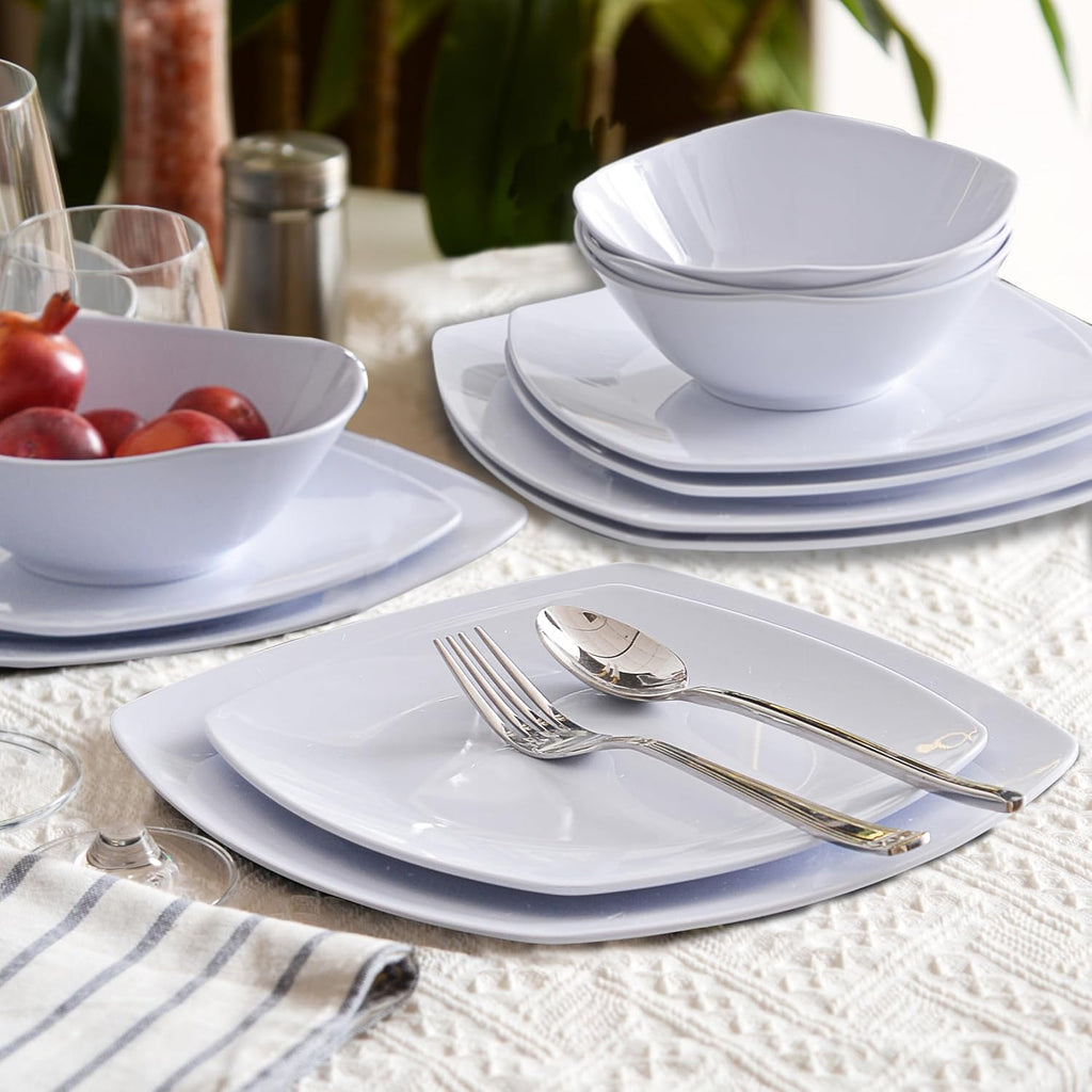 Melamine Dinnerware Sets, Square Dinnerware Sets, White Color Plates and Bowls Sets for 4, Unbreakable Dishwasher Safe BPA Free