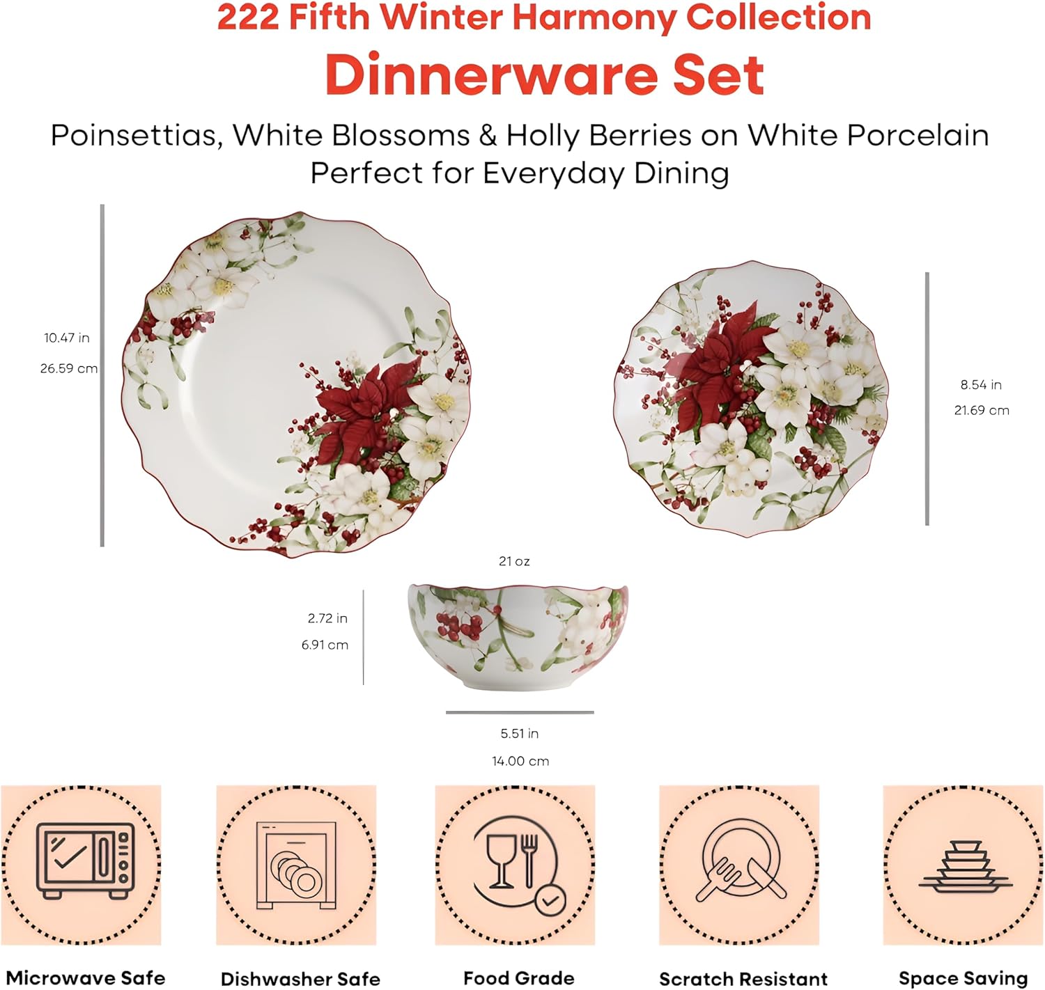 222 Fifth Winter Harmony 12-Piece Porcelain Dinnerware Set for 4- Elegant White Plates and Bowls Set with Red Flower, Ceramic Dish Set for Holiday Dining & Christmas Gift, Beautiful Dishes for Parties