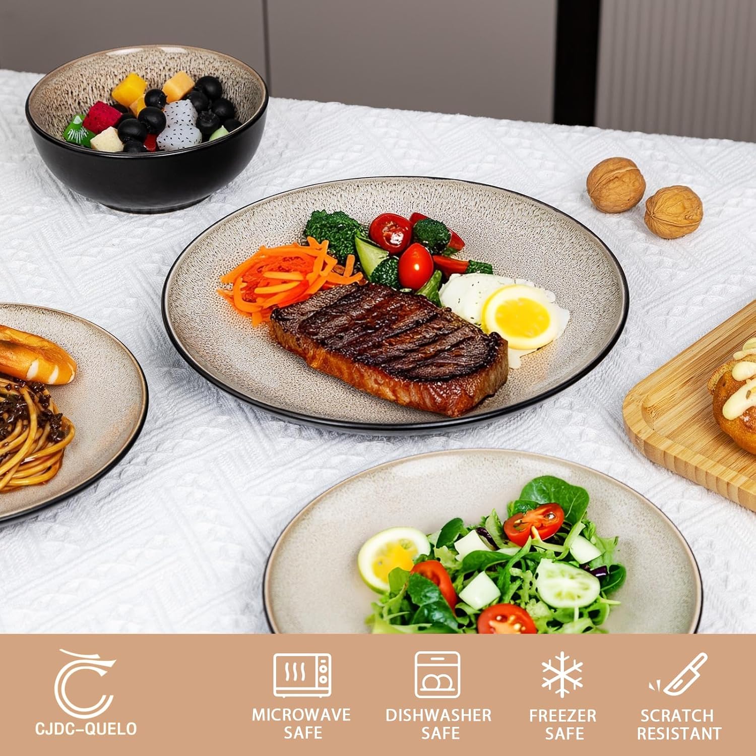 Plates and Bowls Sets for 4 - CJDC-QUELO 16-Piece Stoneware Dinnerware Sets, Ceramic Dishware Set for Kitchen Use and Formal Dining, Chip and Scratch Resistant Microwave Dishwasher Safe, Brown