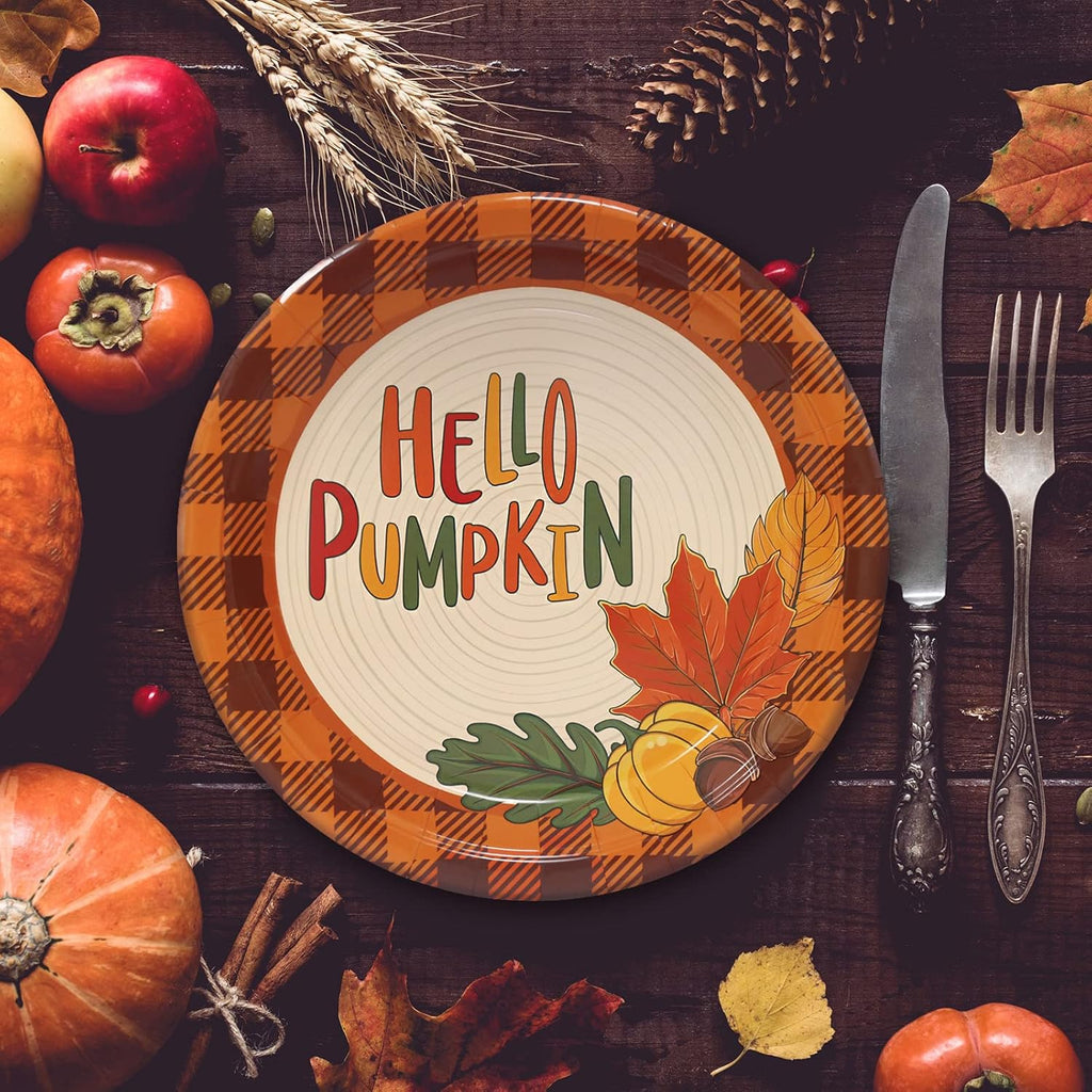 Whaline 24Pcs Thanksgiving Fall Paper Plates 9 Inch Hello Pumpkin Disposable Plates Black Orange Plaid Fall Harvest Paper Plates for Thanksgiving Party Holiday Dinner Tableware Supplies