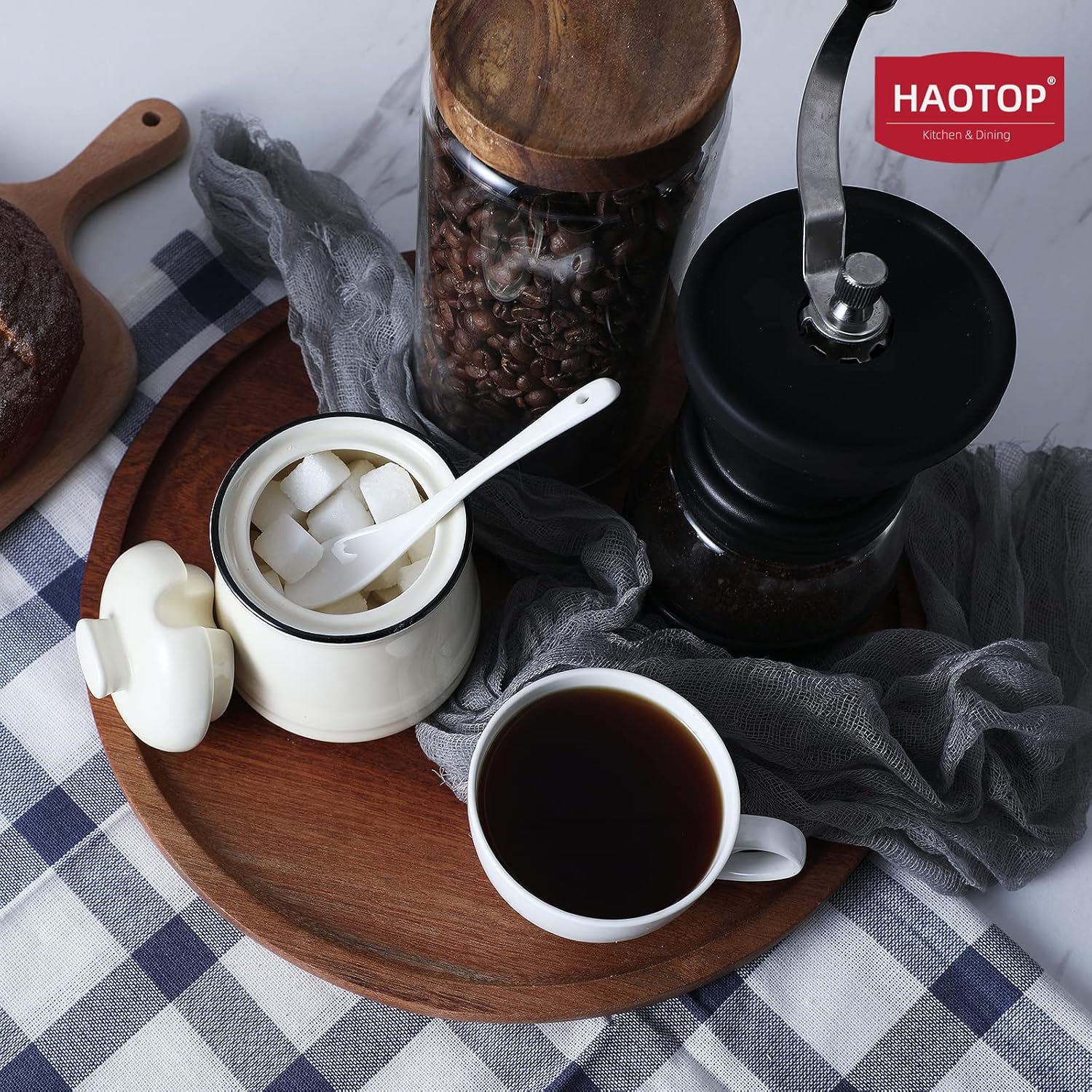 HAOTOP Porcelain Salt Bowl with Lid and Spoon,Ceramic Sugar Bowl 12oz (Beige)