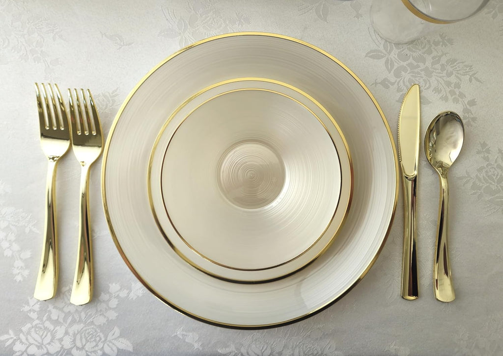 " OCCASIONS " 100 Plates Pack,(50 Guests) Premium Wedding Party Disposable Plastic Plates Set -50 x 10'' Dinner + 50 x 7'' Salad/Dessert (Belize in Ivory & Gold)