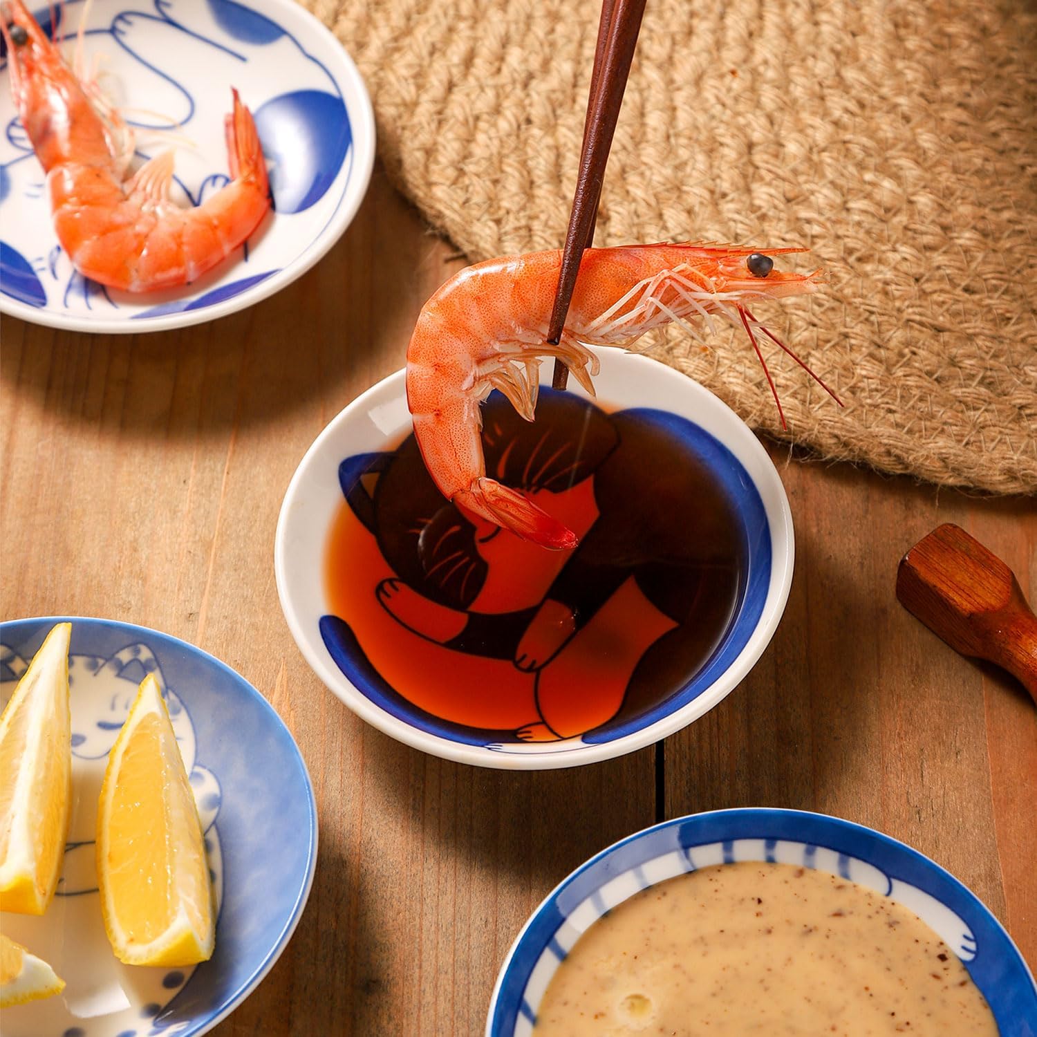 VanEnjoy Small Cute Ceramic Dishware Sets, Kawaii Cat Plates, Blue Shushi Plate Set Of 4, Japanese Plates, Dessert Plates Ceramic