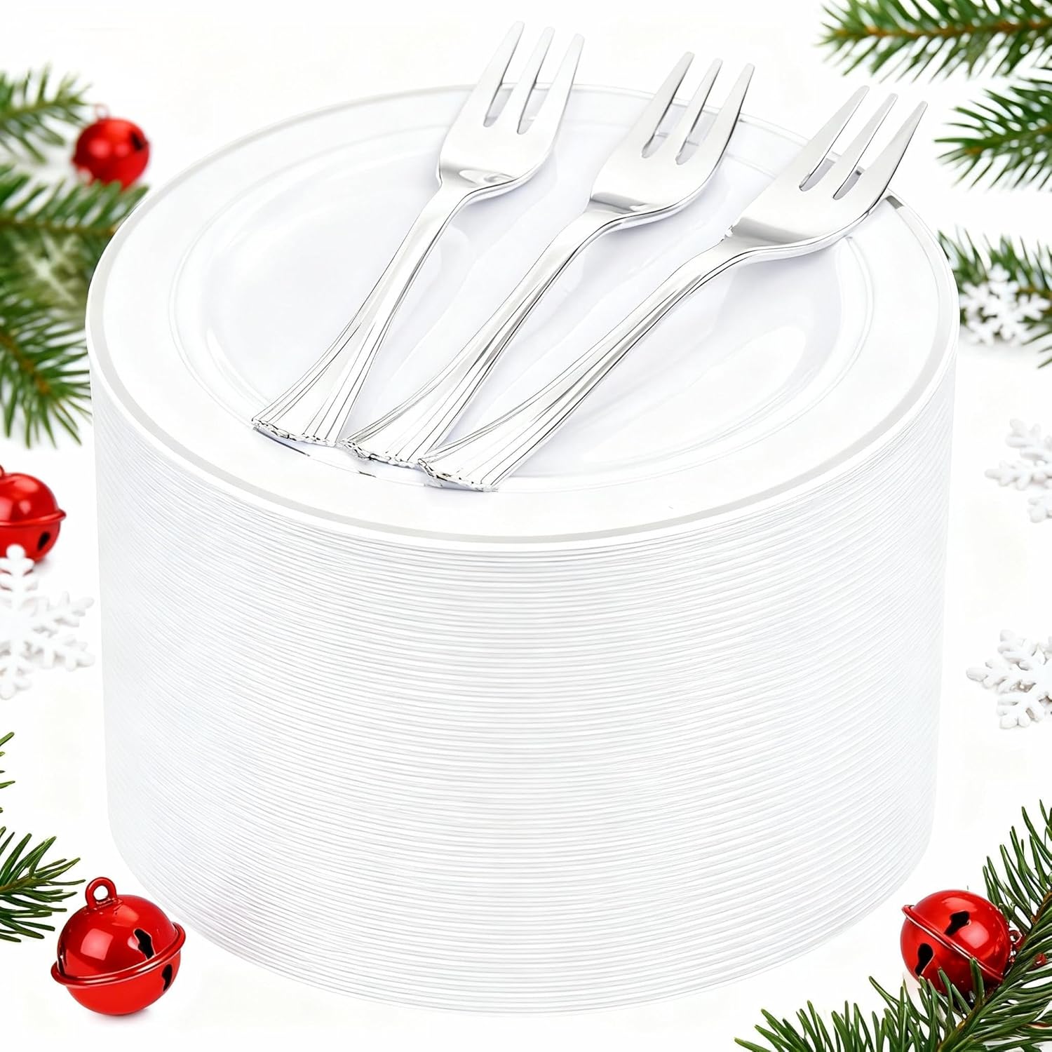 WELLIFE 240PCS Silver Plastic Dessert Plates - Includes 120PCS Silver Forks, 120PCS 6.3 Inch Salad & Appetizer Plates - Perfect for Weddings & Parties