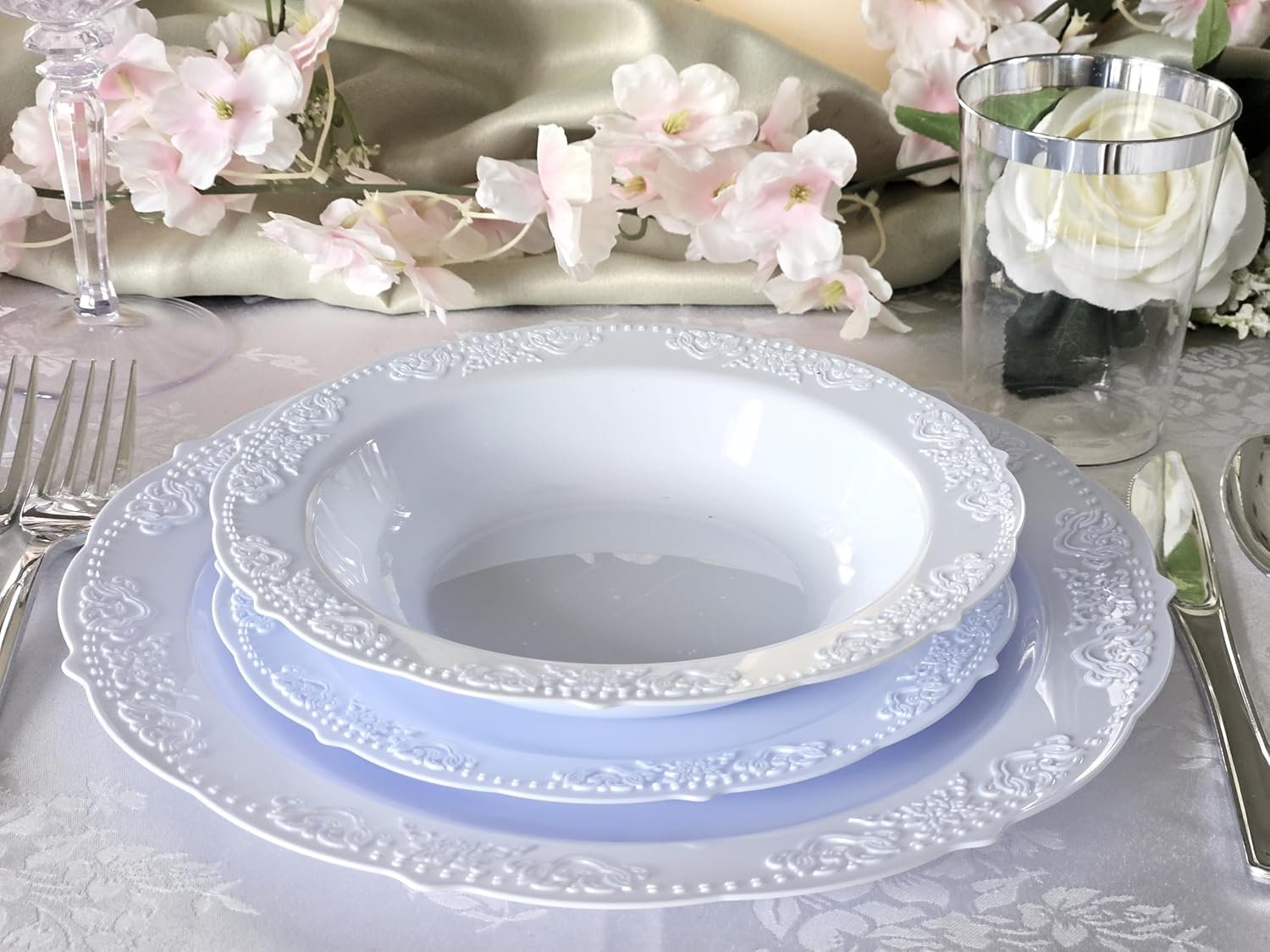 " OCCASIONS " 50 Plates Pack (25 Guests) Vintage Wedding Party Disposable Plastic Plate Set -25x10.25'' Dinner +25x7.5'' Salad/Dessert plates (Portofino Plain Blue)