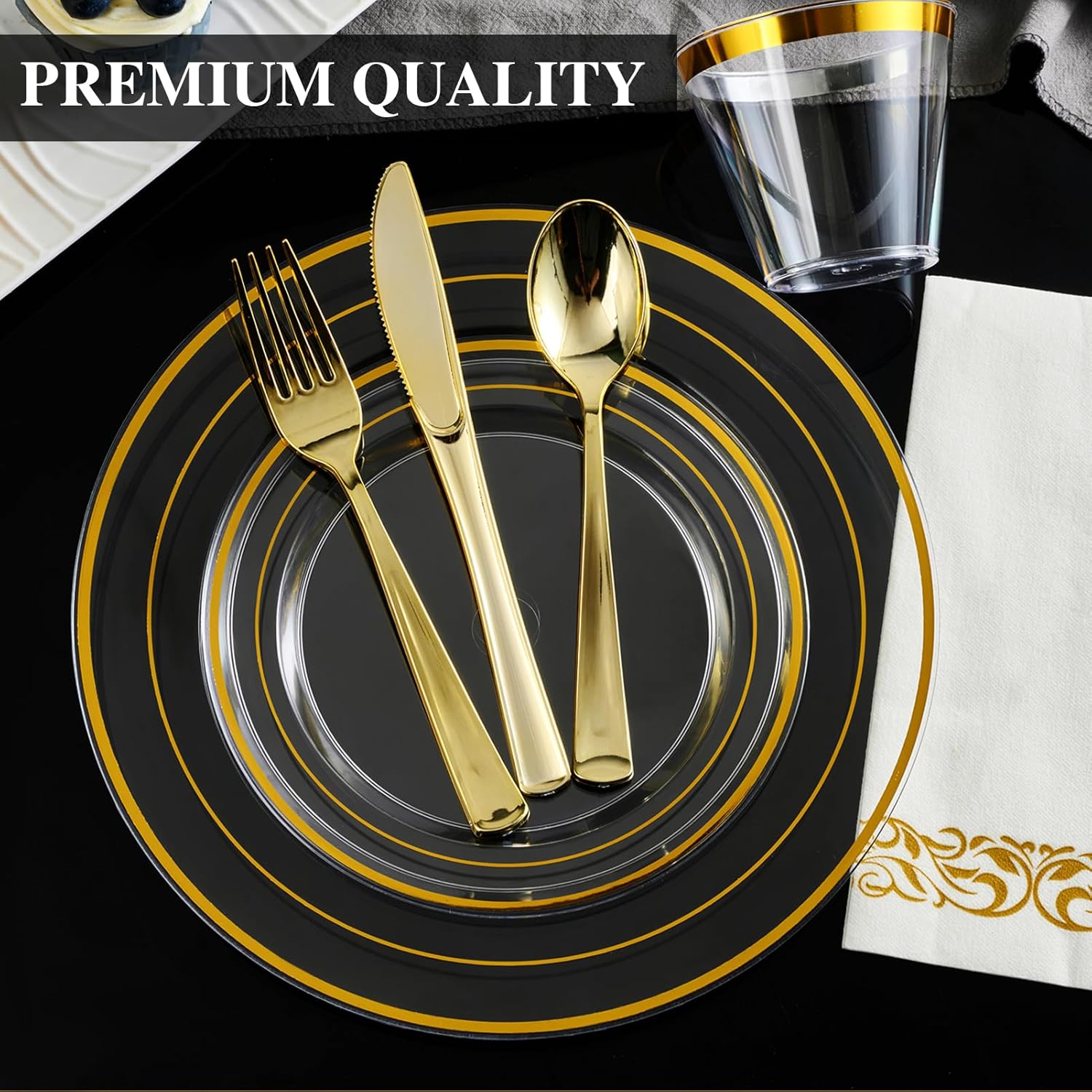 FOCUSLINE 350 Count Clear Dinnerware Set for 50 Guests- Clear Plastic Plates with Gold Rim, Includes Disposable 50 Dinner & Salad Plates, Cups, Napkins and Cutlery Set