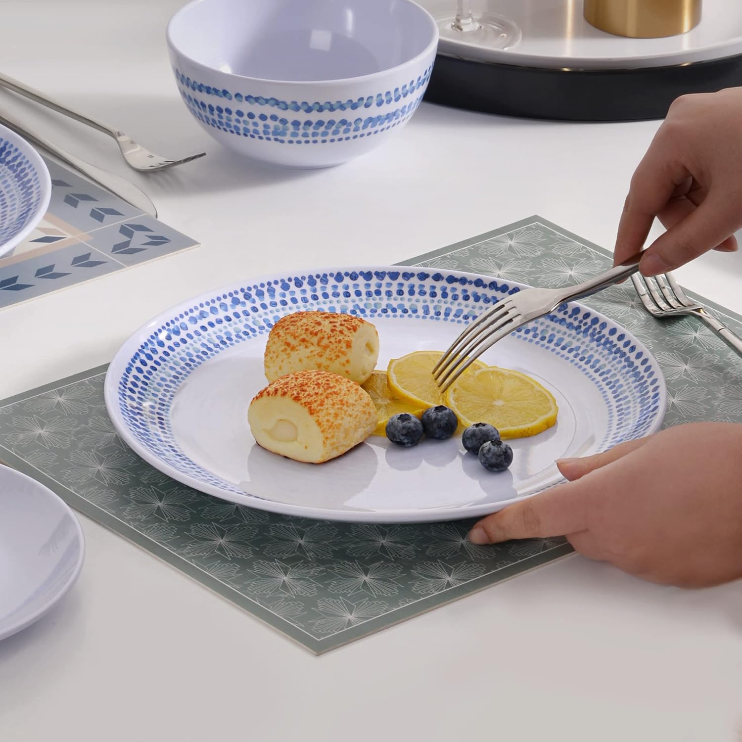 Melamine Dinnerware Sets, 12Pcs Plates and Bowls Sets Dinnerware Sets for 4, Unbreakable Dish Set for Indoor and Outdoor Use, Dishwasher Safe Raindrops Design