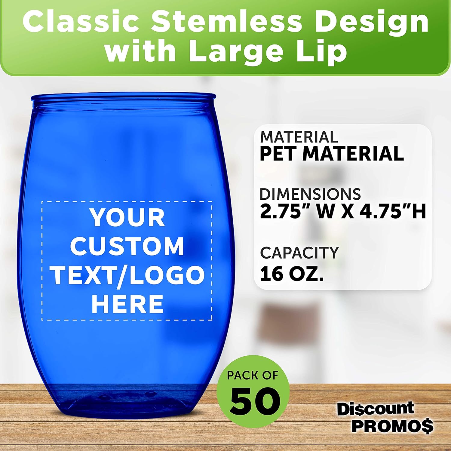 Custom Plastic Stemless Wine Glasses 16 oz. Set of 50, Personalized Bulk Pack - BPA Free, Great for Outdoor Lounges, Poolside, Parties and Other Events - Blue